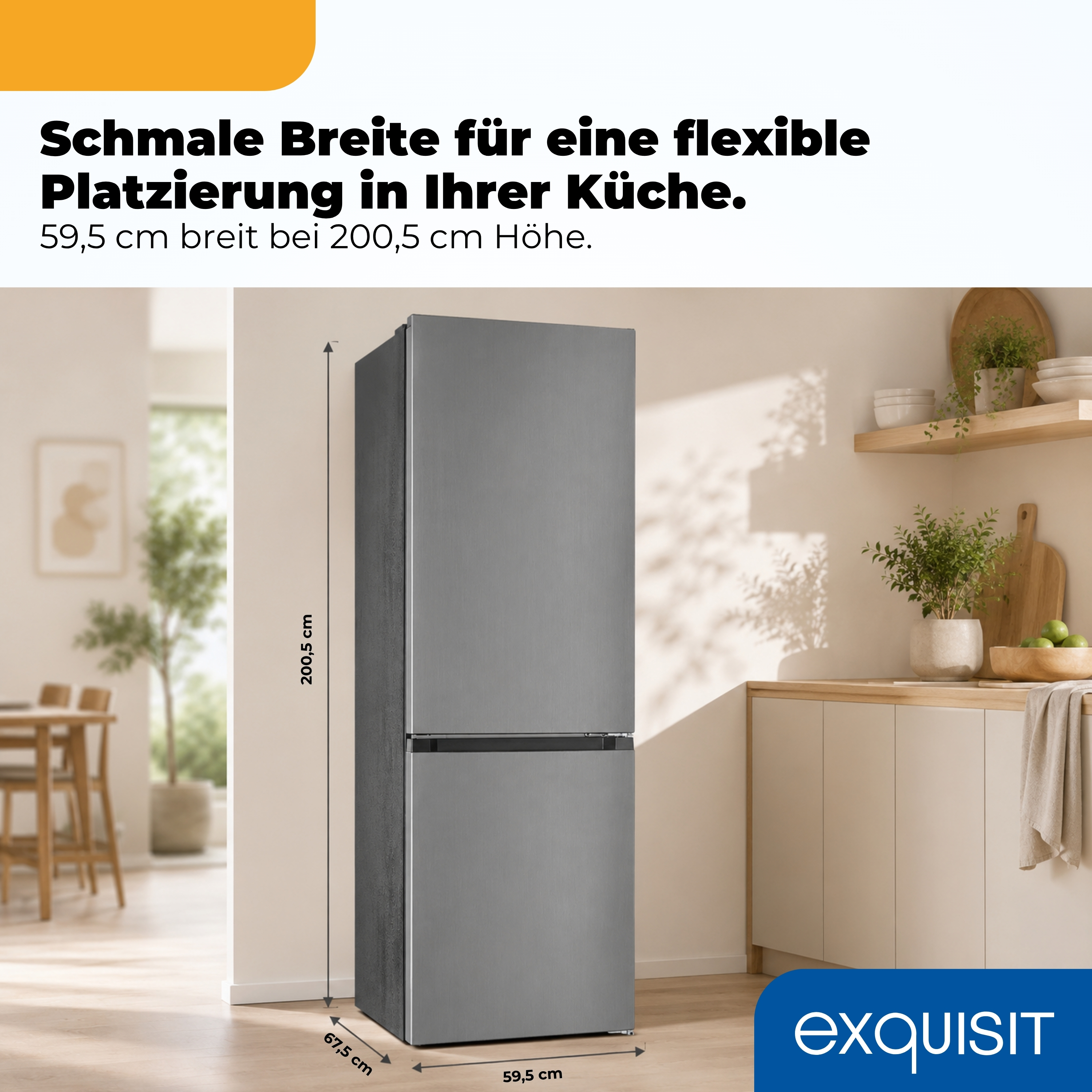Grauer Kühlschrank (59,5x200,5 cm) in einer Küche mit Holzelementen.