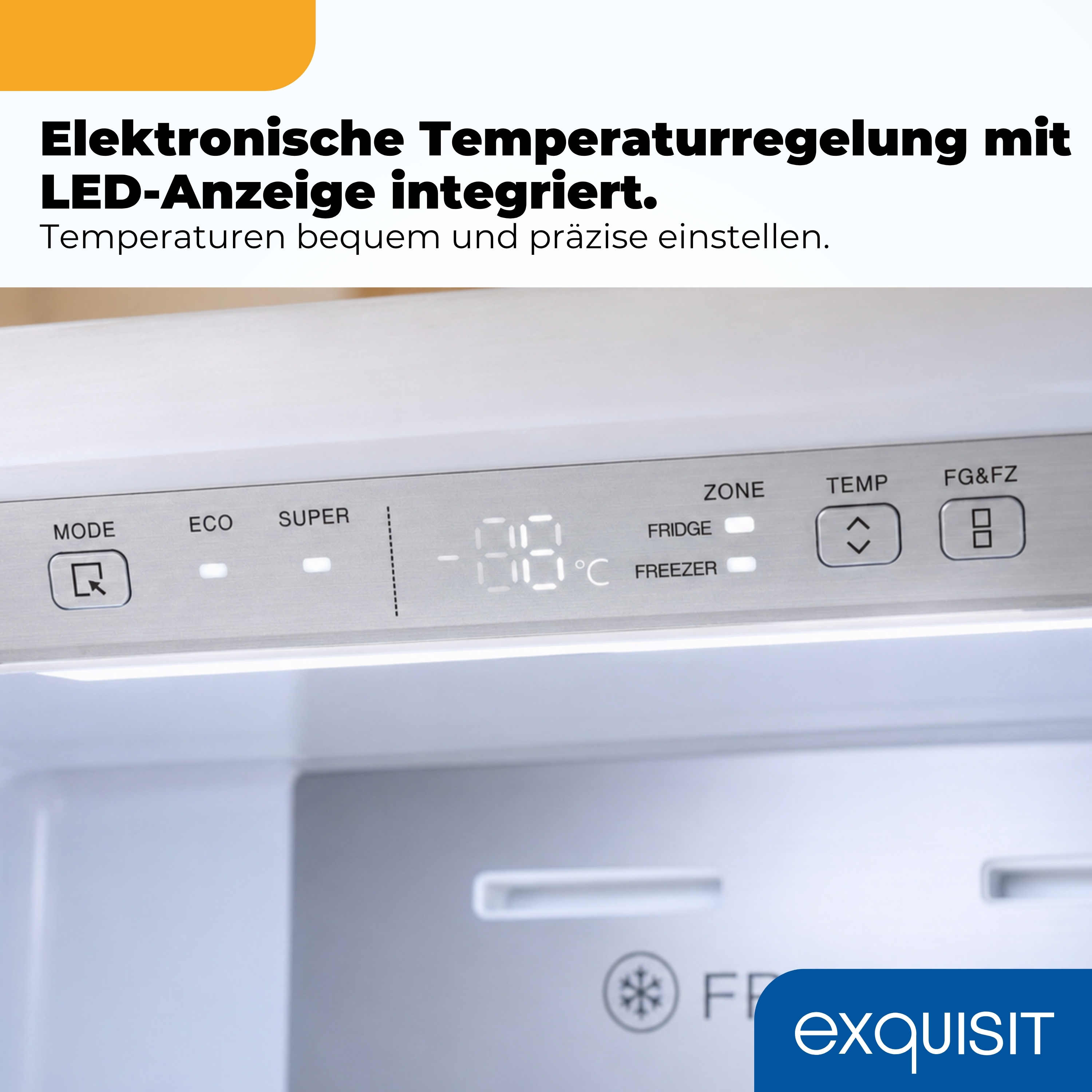 Detailansicht eines Kühlschrankdisplays mit Temperaturregelung und Optionen.