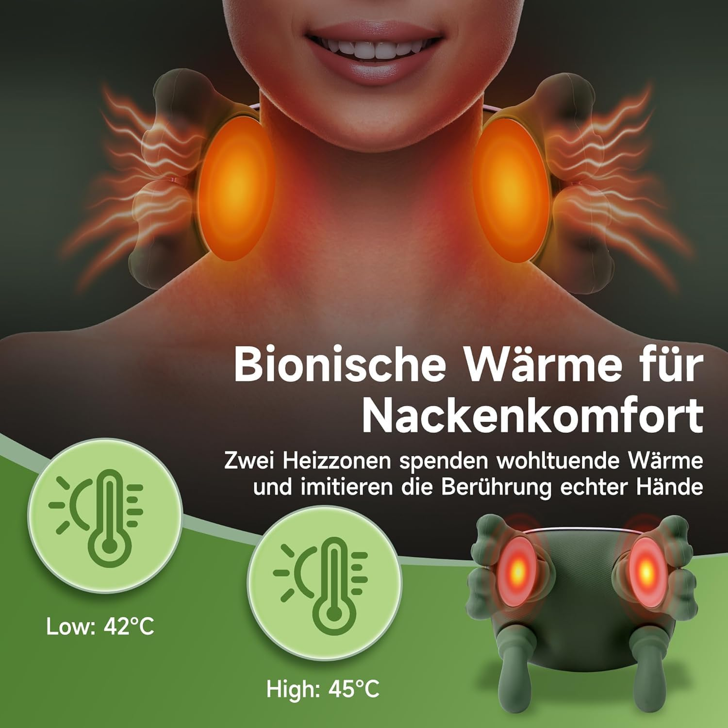 Nackenmassagegerät mit Wärme, 2 Heizmodi (42°C/45°C) und Hand-Imitation.