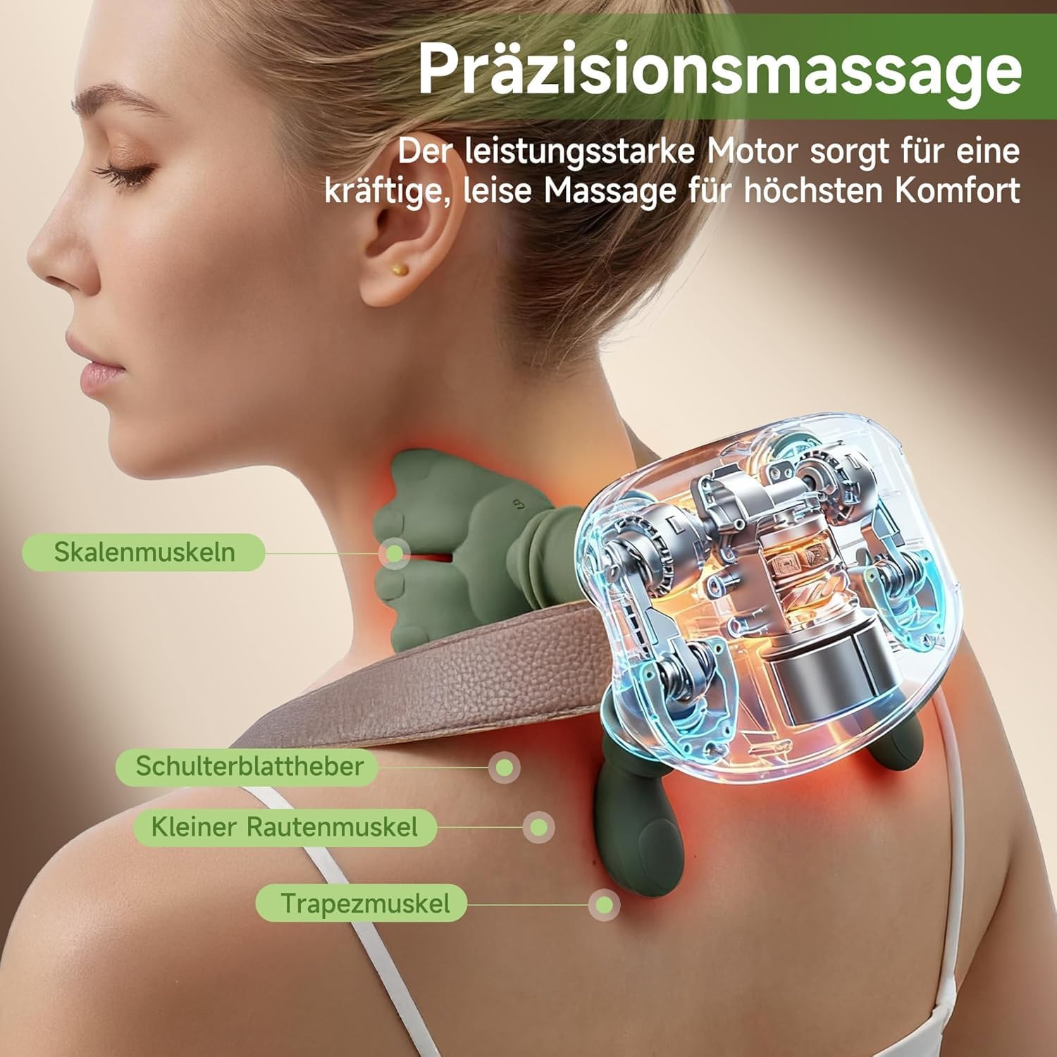 Massagegerät am Nacken einer Frau, zeigt Muskeln und Motor.