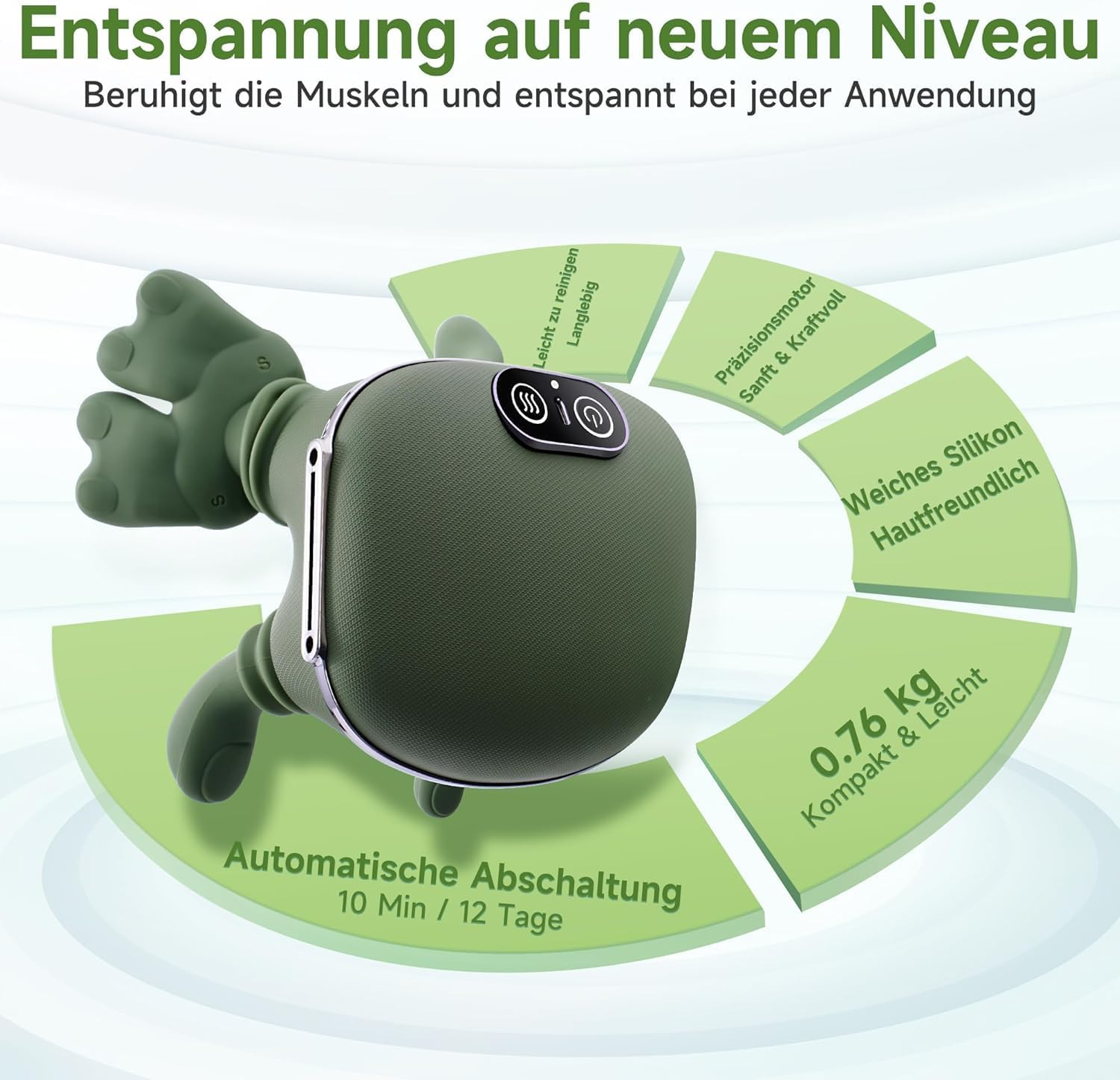 Grünes Massagegerät mit Schildern: Präzisionsmotor, Silikon, 0,76 kg, Abschaltung.