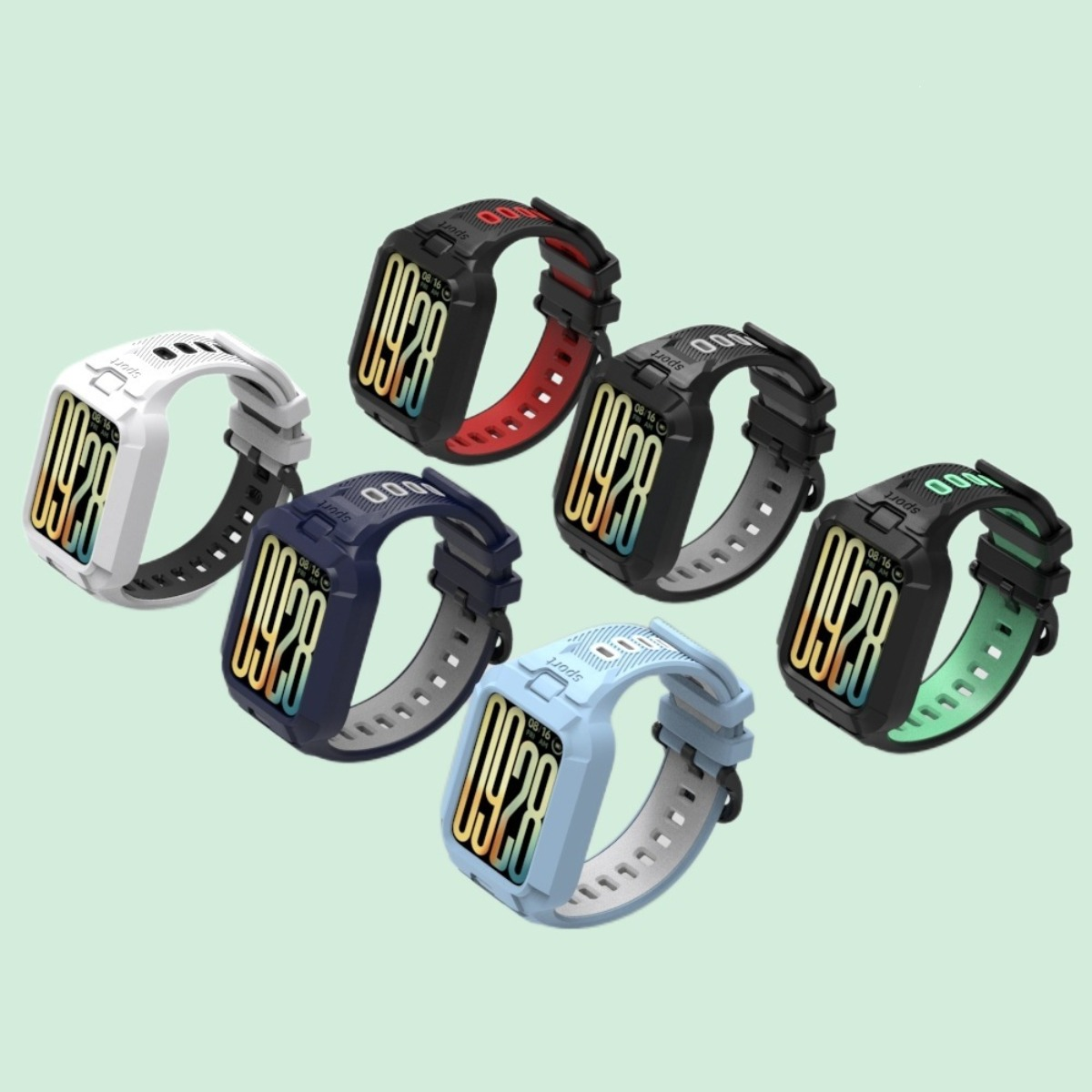 Sechs Smartwatches in verschiedenen Farben: Wei, Dunkelblau, Hellblau, Schwarz mit rotem Band, Schwarz mit grauem Band, Schwarz mit grnem Band.