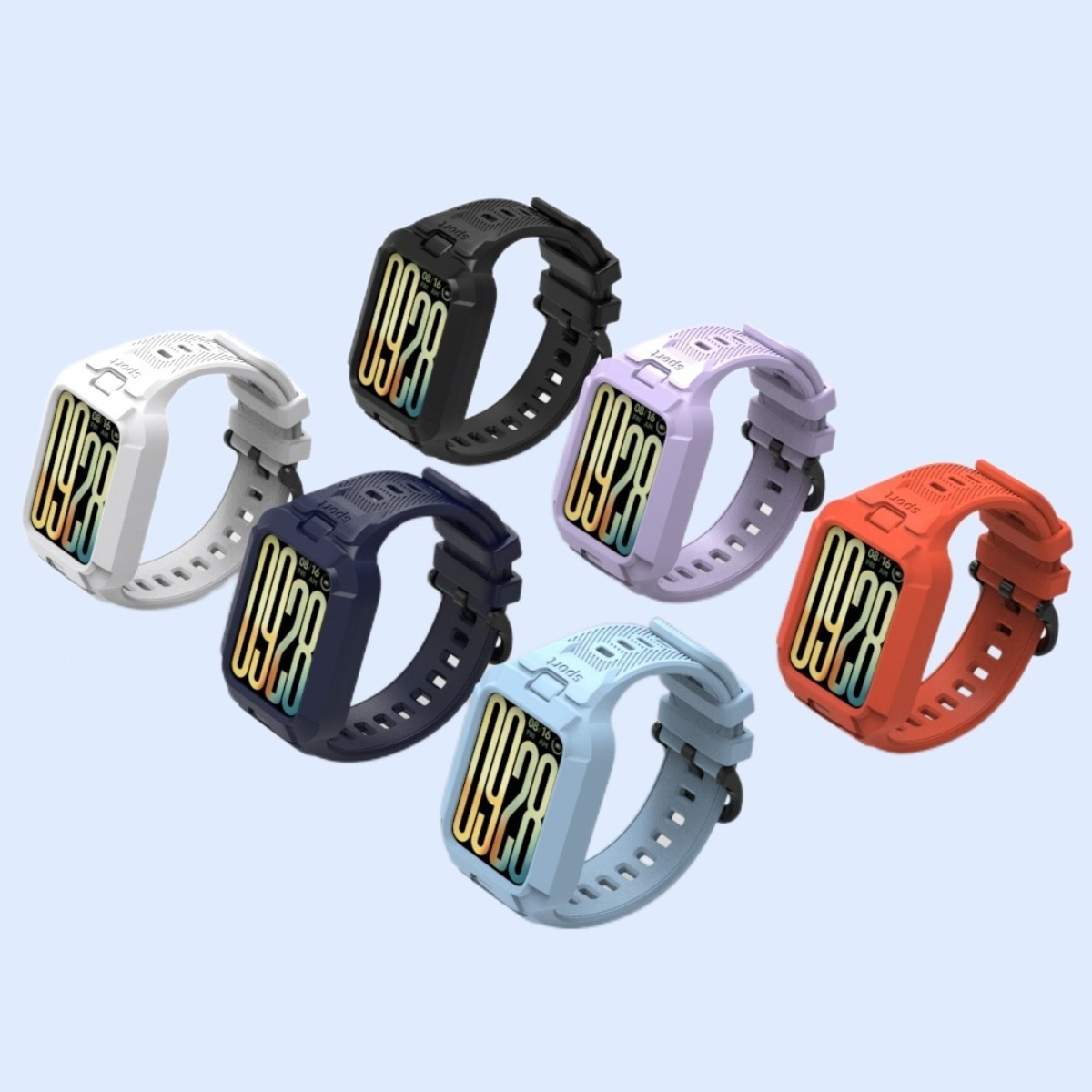 Sechs Smartwatches in verschiedenen Farben: weiß, schwarz, lila, blau, hellblau und orange.