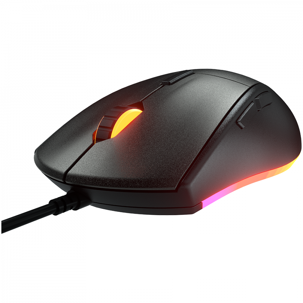 Czarna mysz gamingowa z podświetlanym kółkiem i oświetleniem RGB.