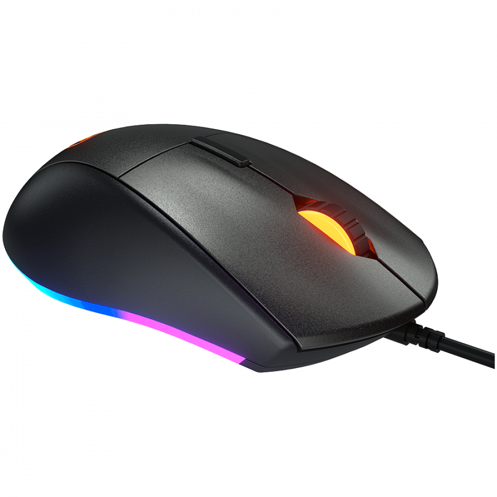 Czarna mysz komputerowa z podświetleniem RGB na kółku i podstawie.
