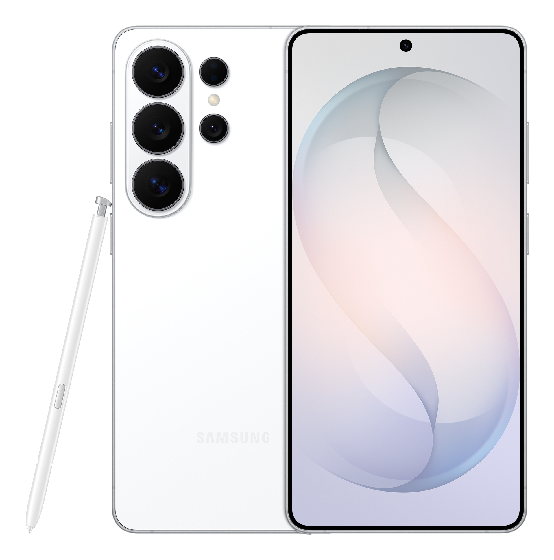 Uno smartphone bianco con stilo e lenti della fotocamera.