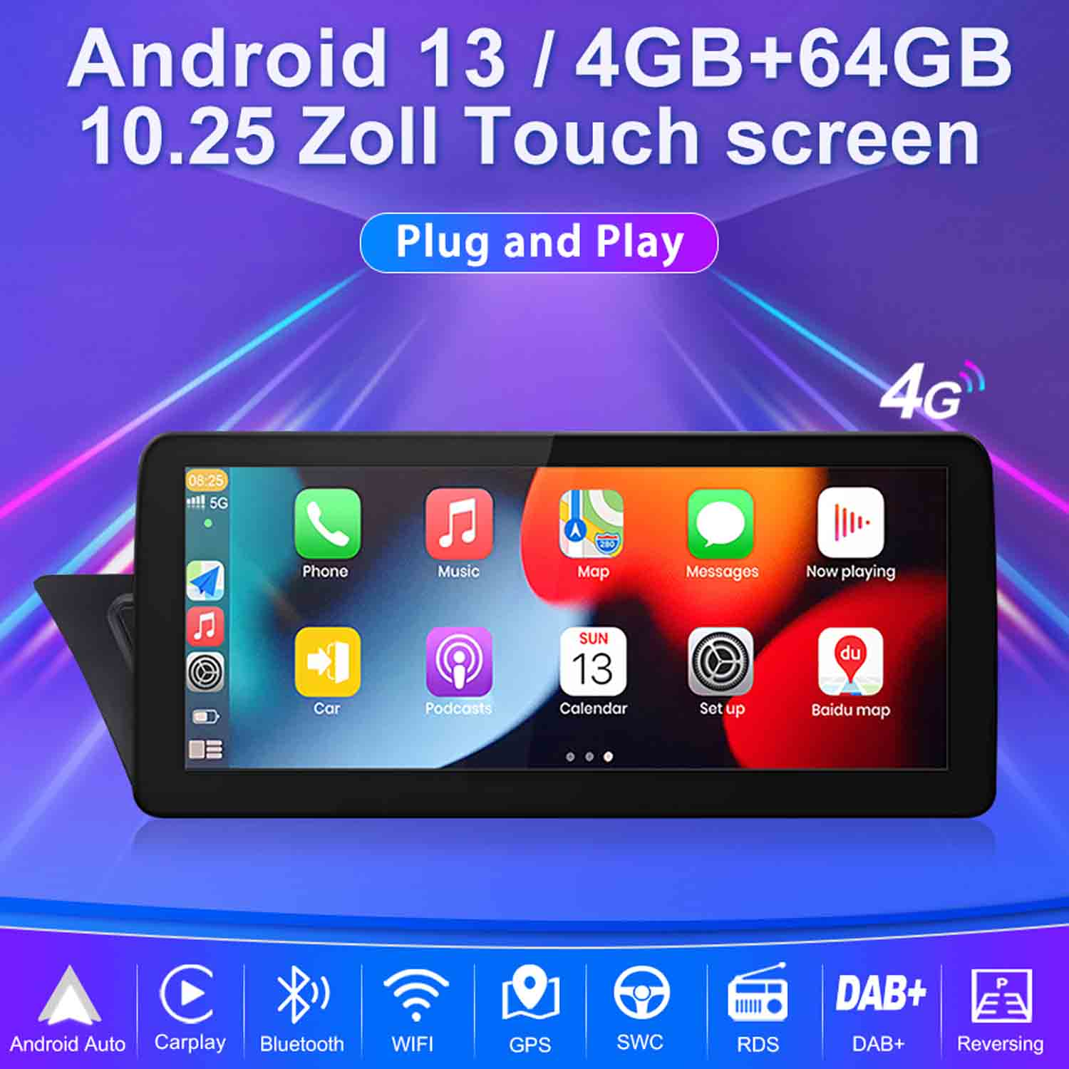Android 13 Touchscreen-Autodisplay mit Apps wie Telefon, Musik, Karte und Kalender. Mit 4G.