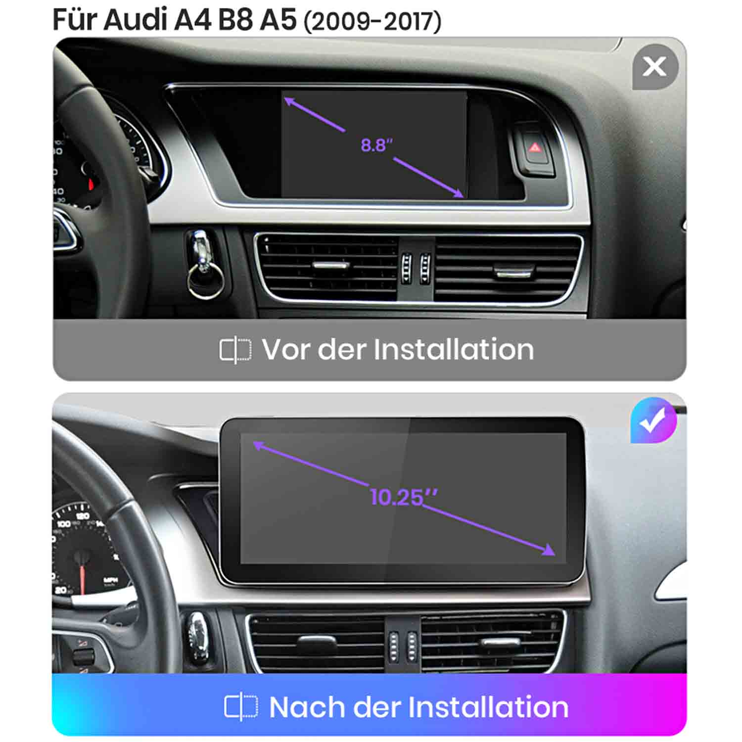 Vergleich eines Audi-Armaturenbretts vor und nach der Installation eines neuen Displays.