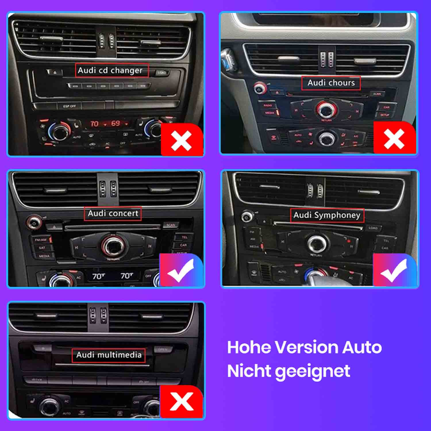 Audi-Infotainmentsysteme: CD-Wechsler, Chours, Concert, Symphony, Multimedia.
