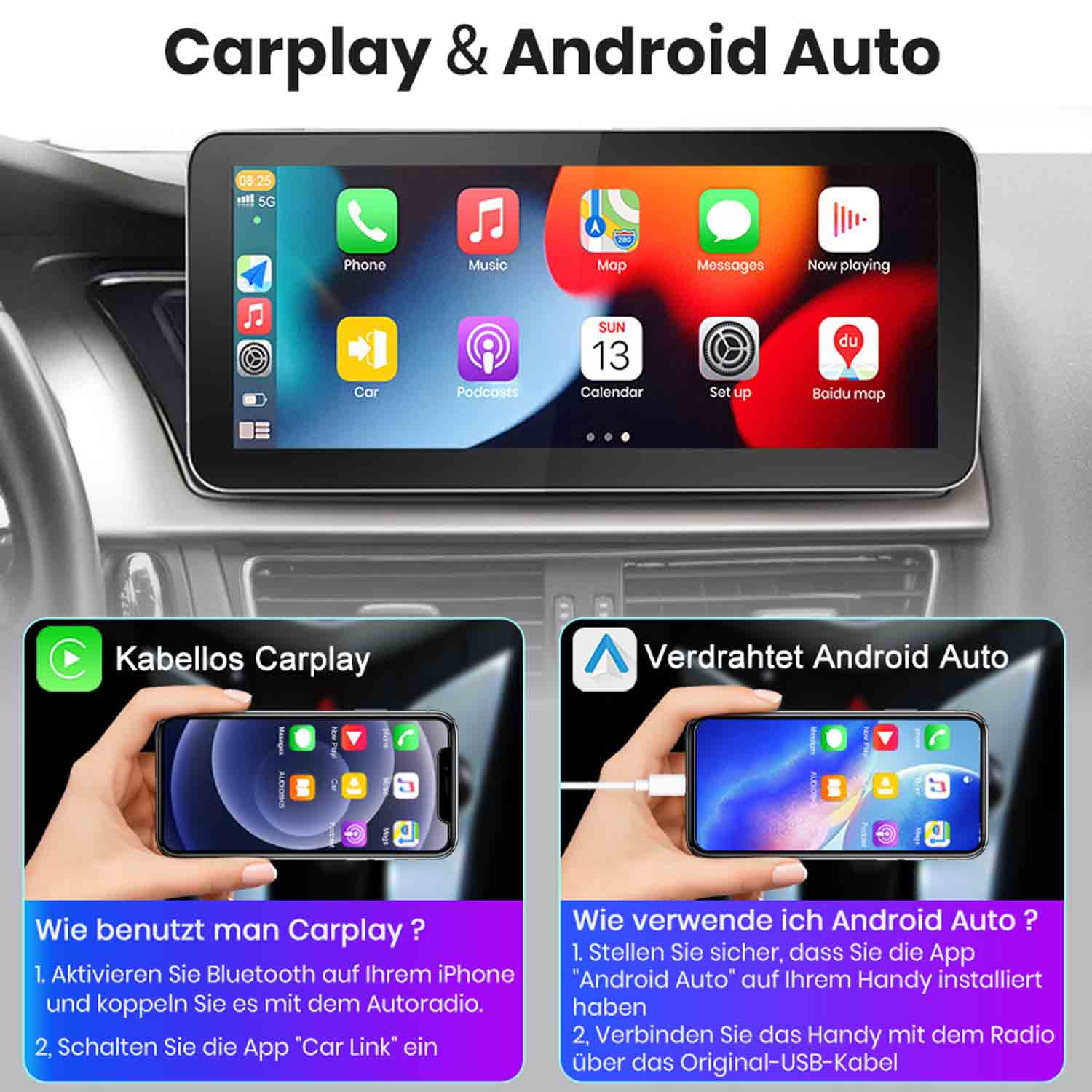Bildschirm mit Carplay und Android Auto, und zwei Smartphones, die verbunden sind.