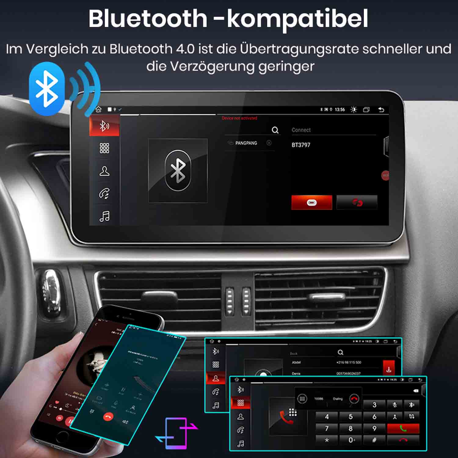 Ein Autoradio-Bildschirm mit Bluetooth-Symbol und einem Smartphone.