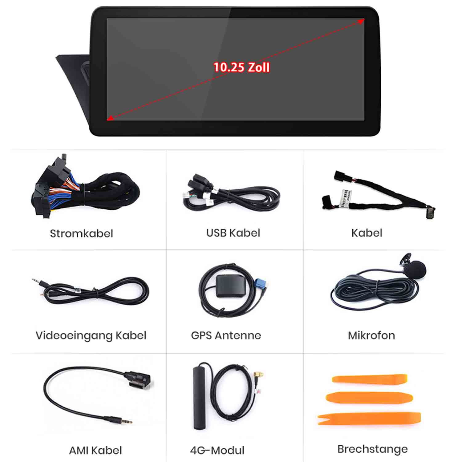 Ein Touchscreen-Display mit diversen Kabeln und Werkzeugen, darunter Strom-, USB-, Video-, AMI-Kabel, GPS-Antenne, Mikrofon, 4G-Modul und Brechstangen.