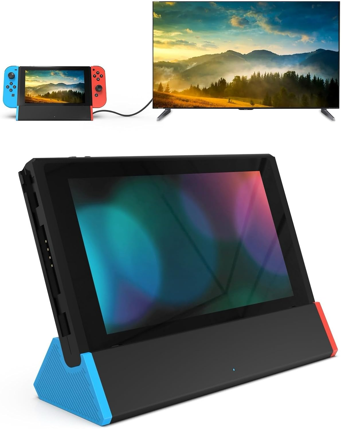 Ein Nintendo Switch-Dock mit blauem und rotem Akzent, das mit einem Fernseher verbunden ist.
