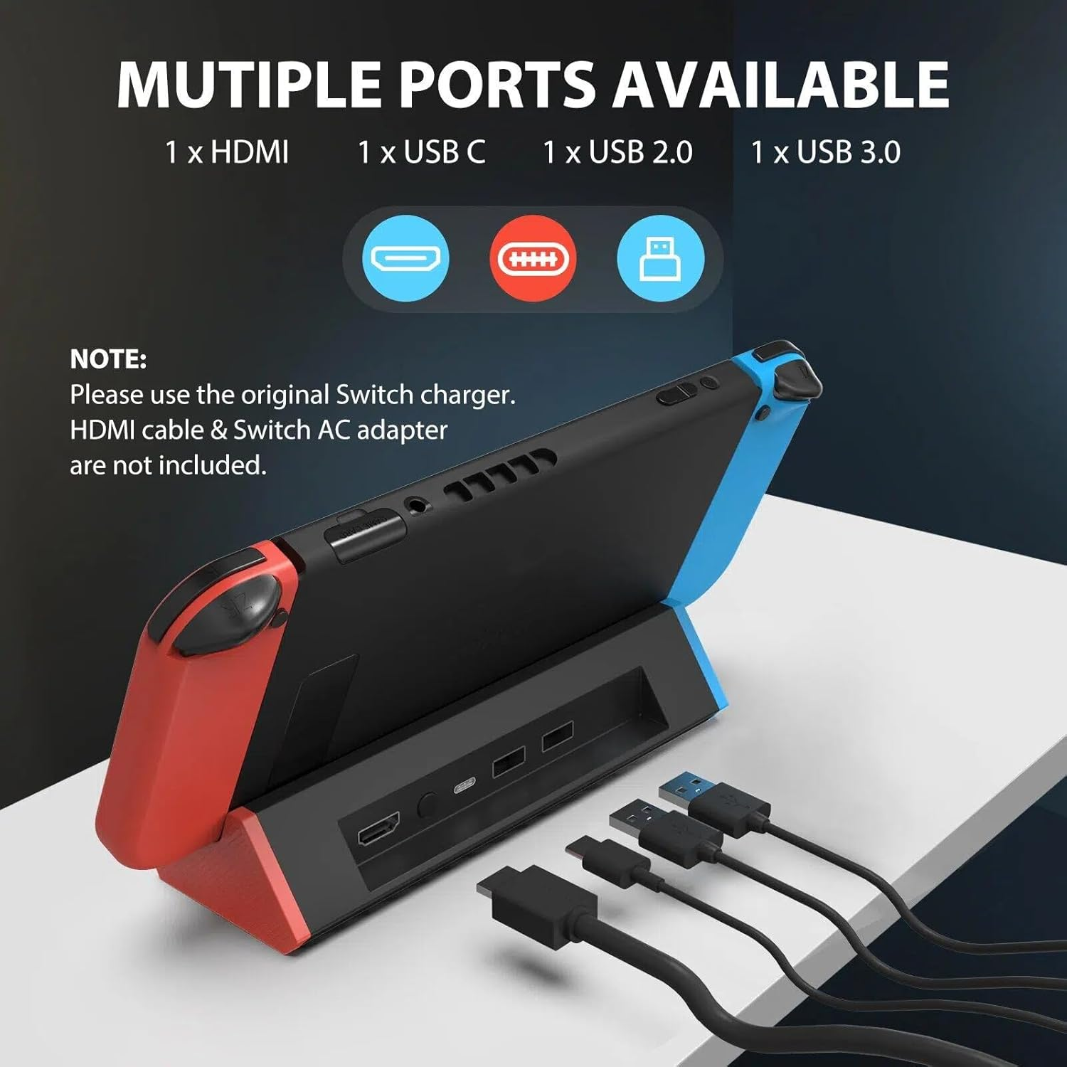 Ein Nintendo Switch-Dock mit roten und blauen Joy-Cons, Anschlüsse und Kabel.