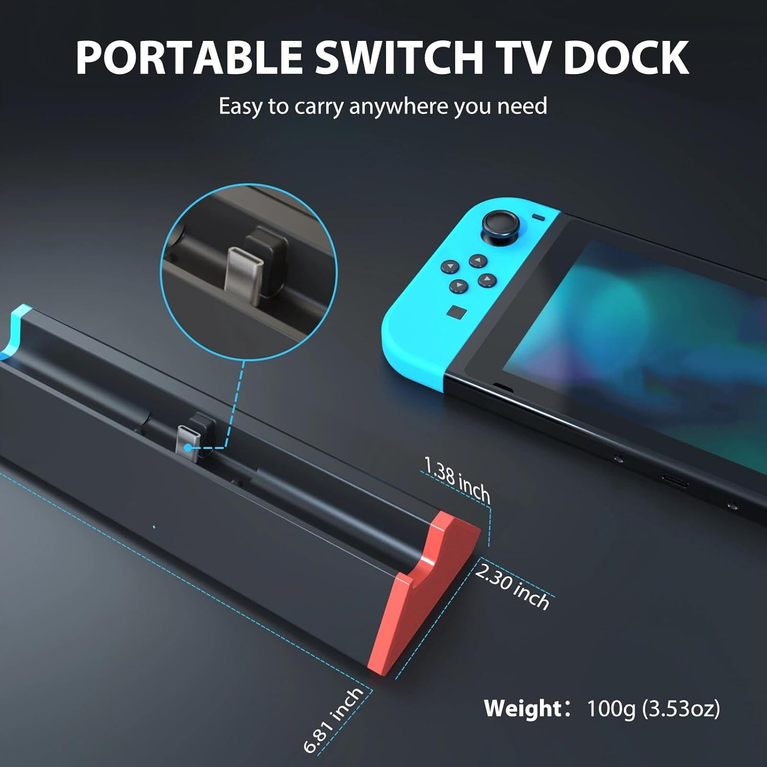 Ein tragbarer Switch-TV-Dock mit einem Joy-Con und Abmessungen.