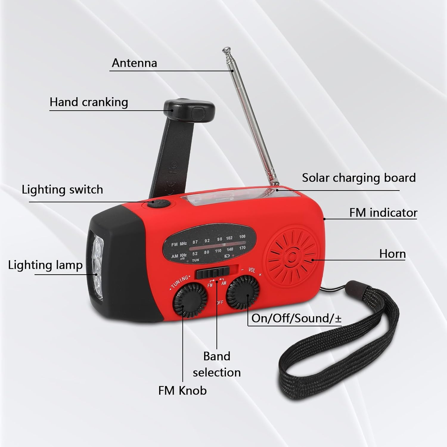 Ein rotes Notfallradio mit Solarpanel, Kurbel, Antenne, Lampe und Bedienelementen.