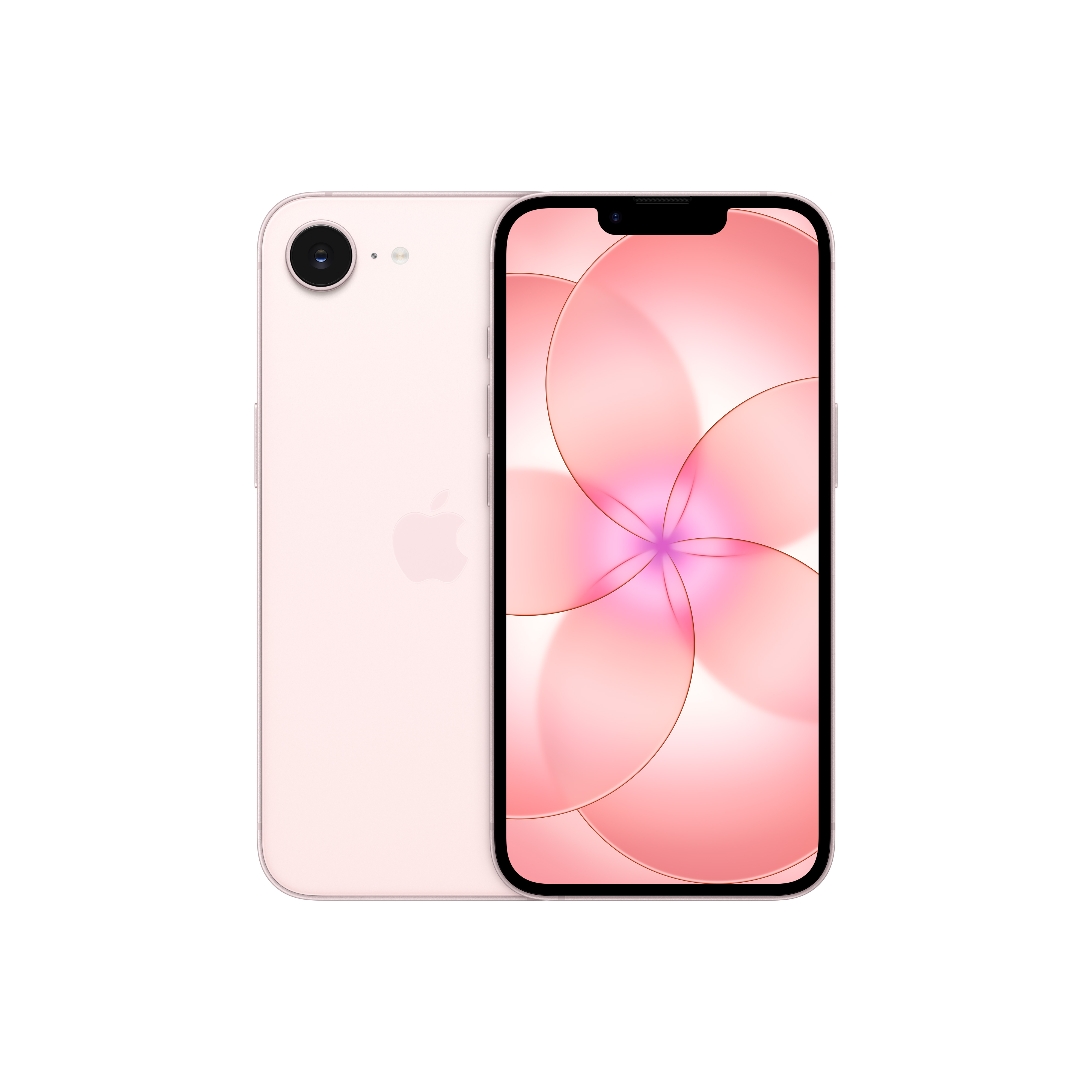 Różowy iPhone pokazany z przodu i z tyłu. Ekran wyświetla różowy wzór kwiatowy.