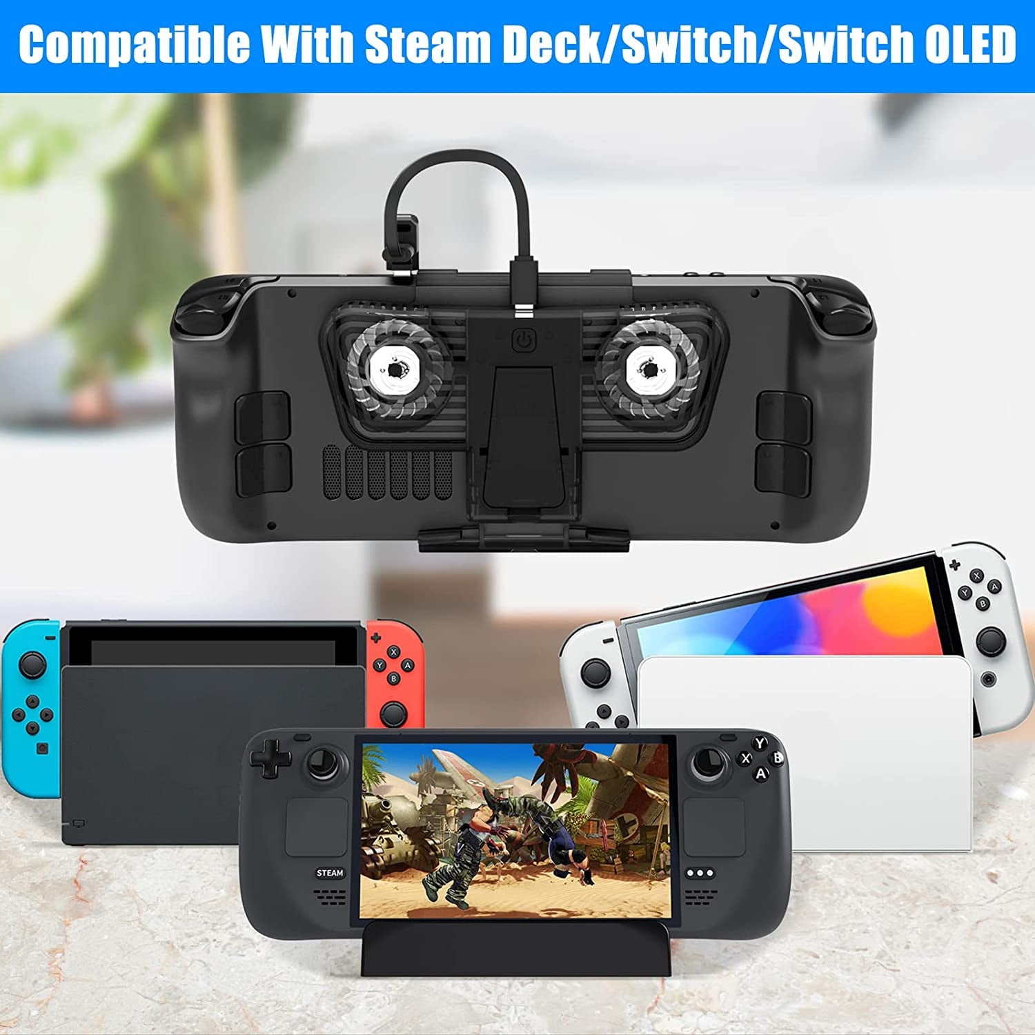 Spielekonsolen wie Steam Deck, Switch und Switch OLED mit Zubehör.