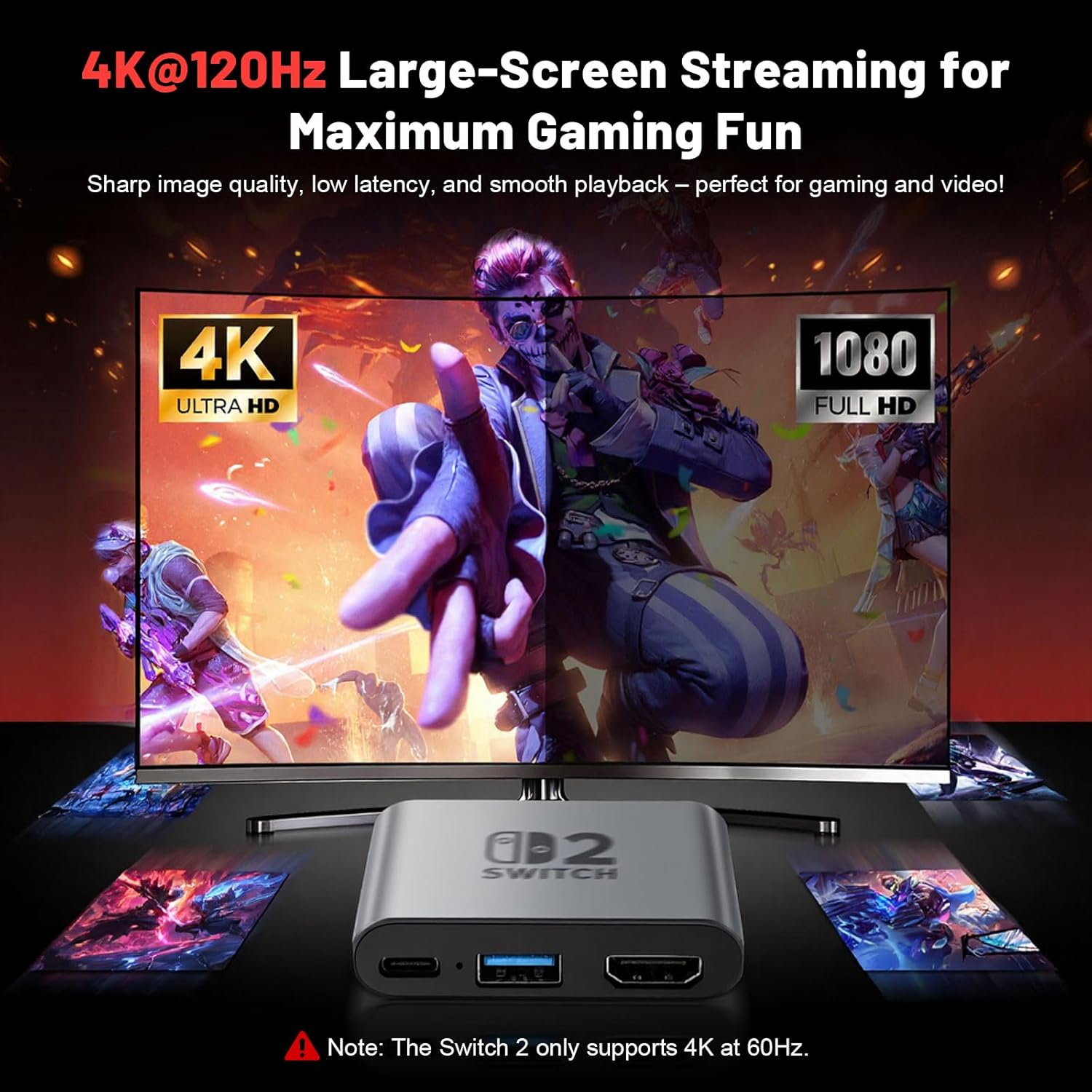 Ein grauer Switch 2 Adapter mit Anschlüssen und einem großen Bildschirm, der Spiele zeigt.