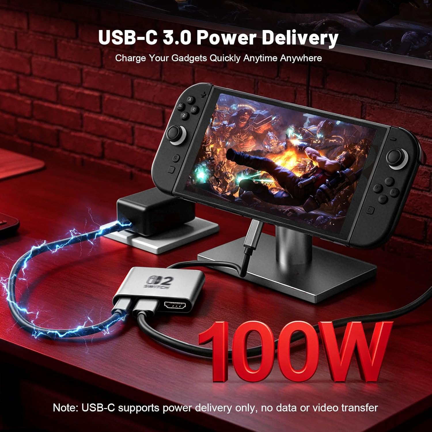 Ein Nintendo Switch wird über USB-C mit 100W geladen. Ein Adapter ist angeschlossen.