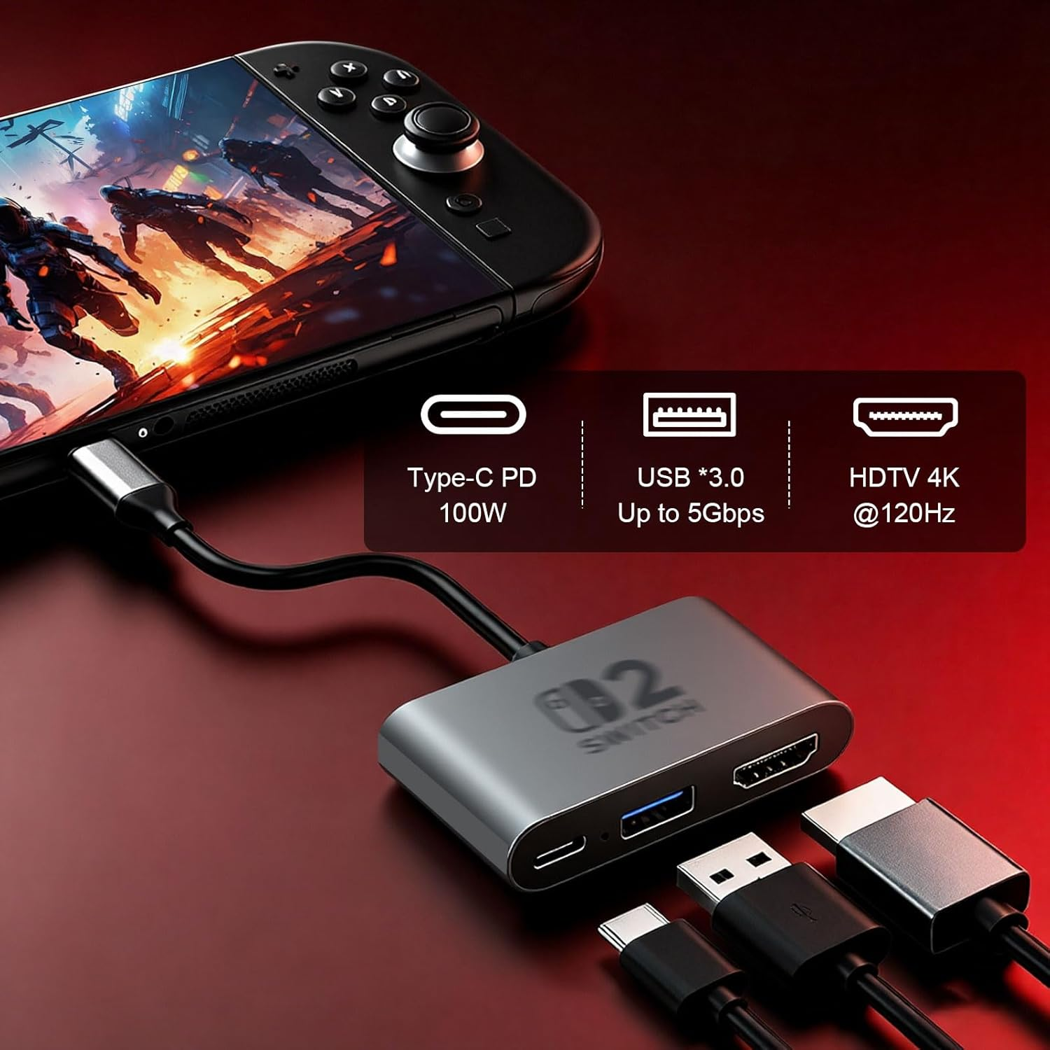 Eine Spielekonsole ist mit einem grauen Adapter mit USB- und HDMI-Anschlüssen verbunden.