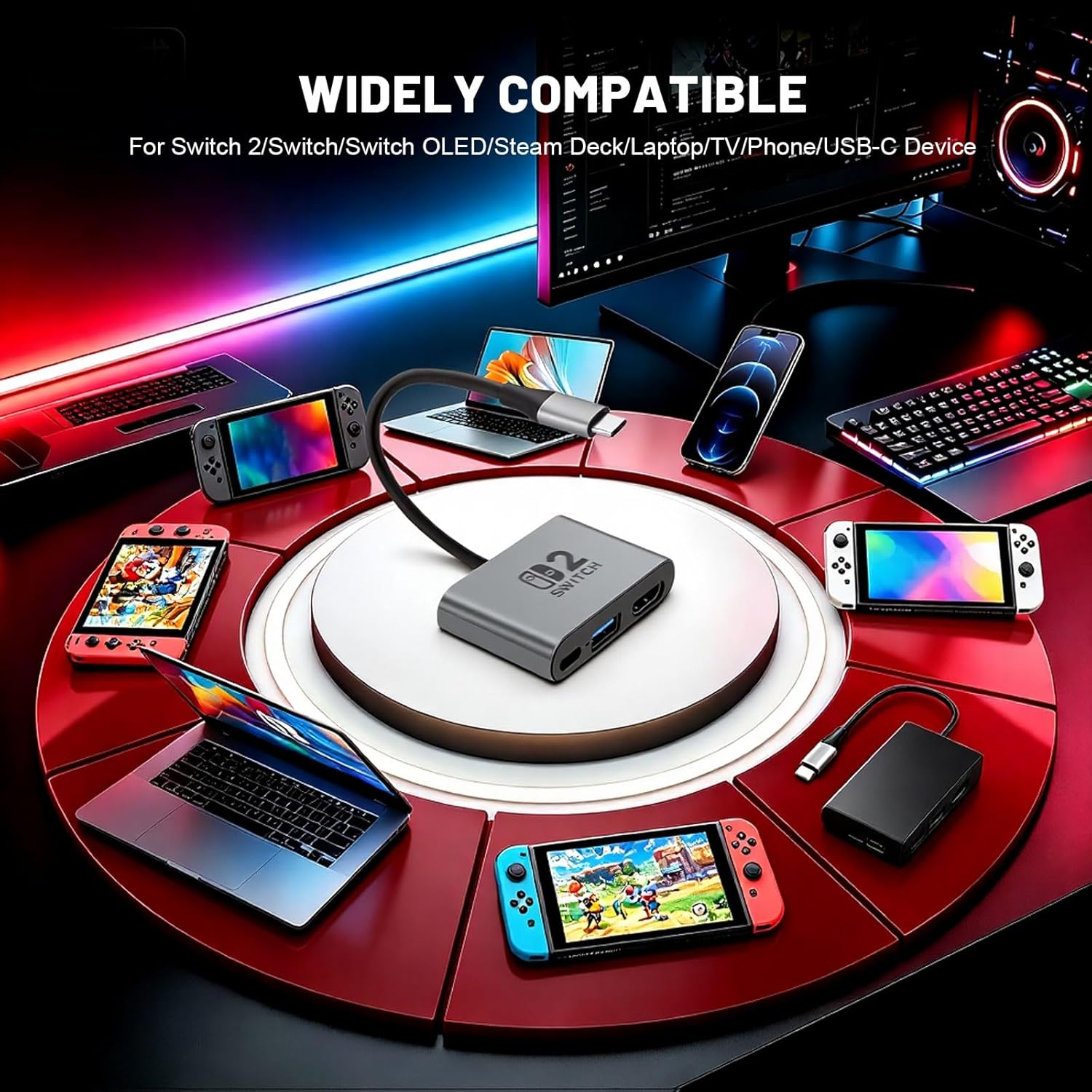 Grauer Adapter mit Nintendo Switch und anderen Geräten wie Laptops und Telefonen.