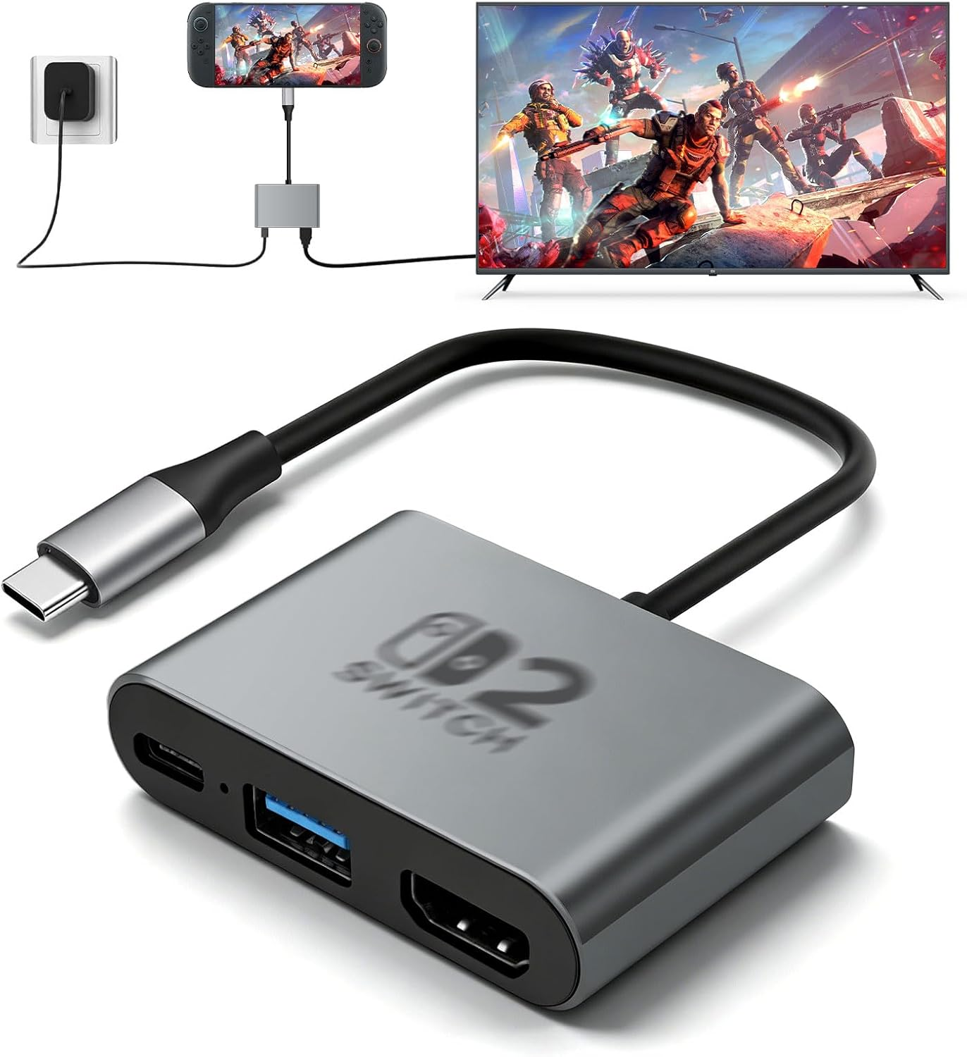 Grauer Adapter verbindet Nintendo Switch mit TV über HDMI, USB-A und USB-C.