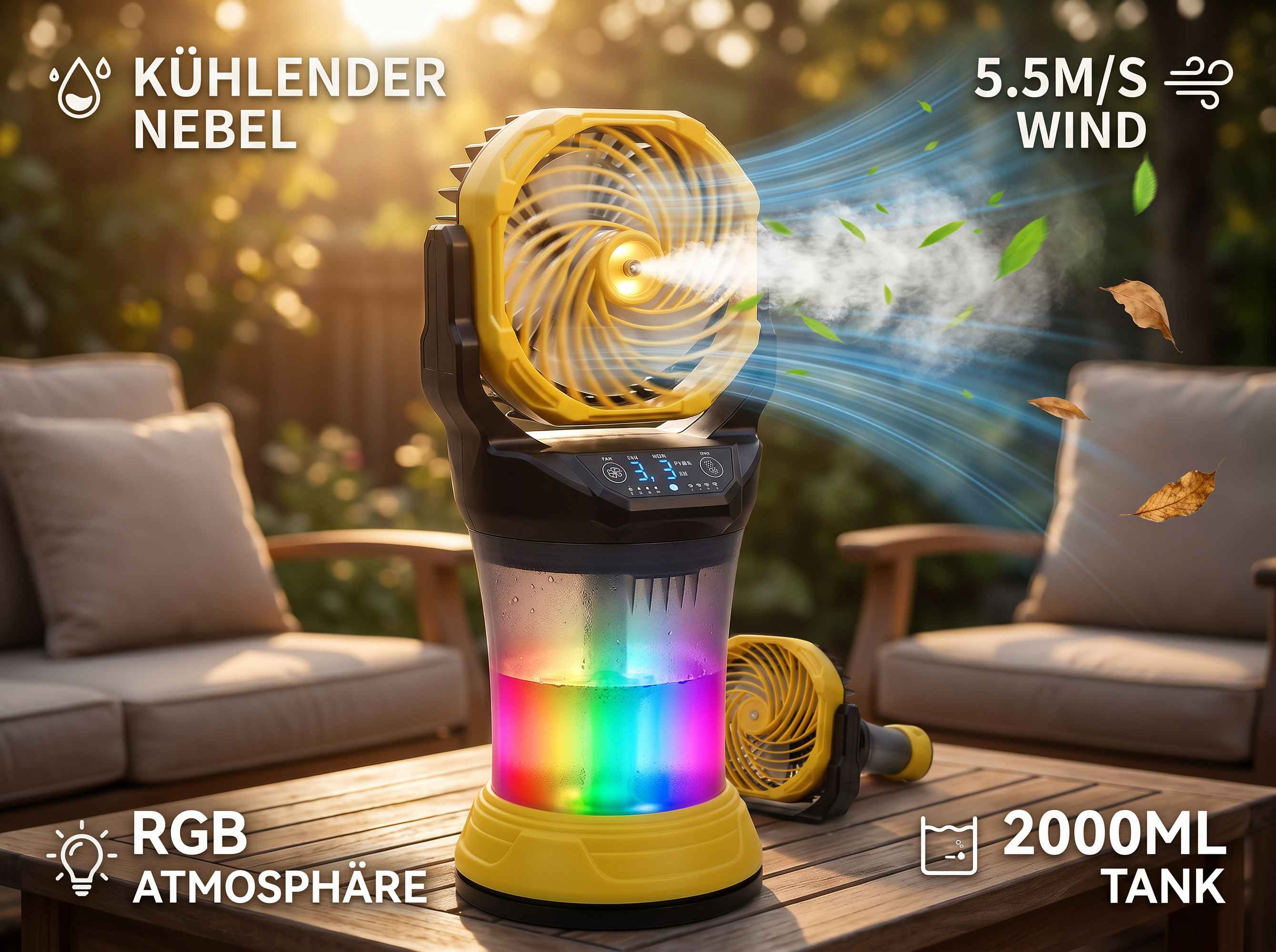 Ein gelber Ventilator mit Nebel und bunten Lichtern steht auf einem Holztisch im Freien.