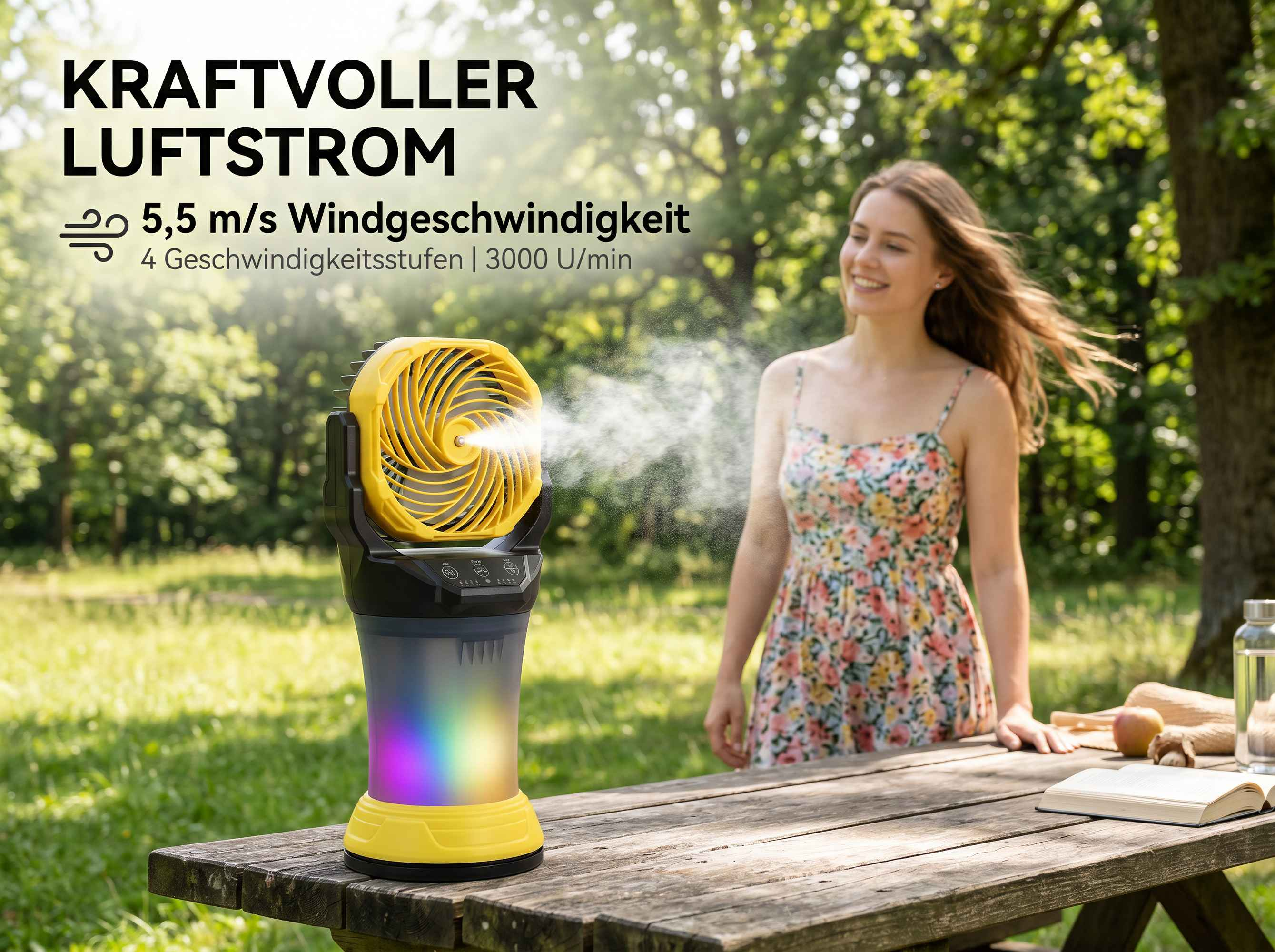 Ein gelber Ventilator mit bunten Lichtern sprüht Nebel auf eine Frau in einem Blumenkleid im Freien.