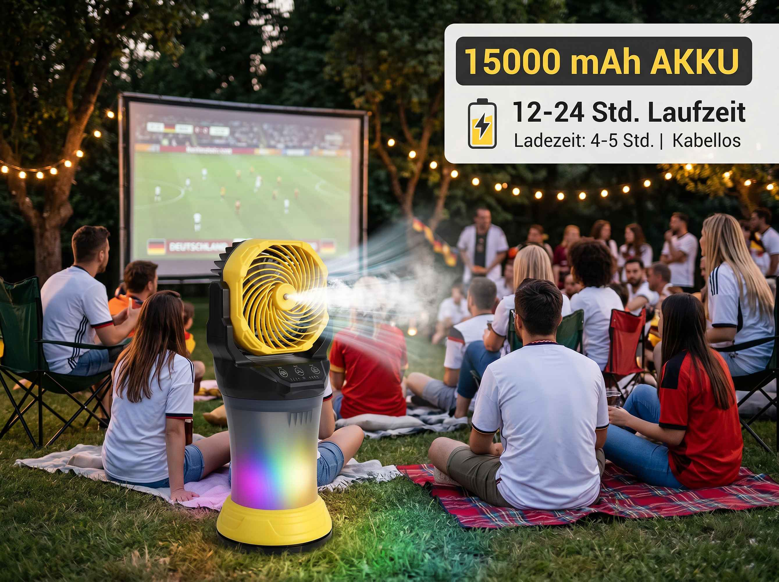 Leute schauen draußen einen Fußballfilm mit einem Ventilator und Lichterkette.