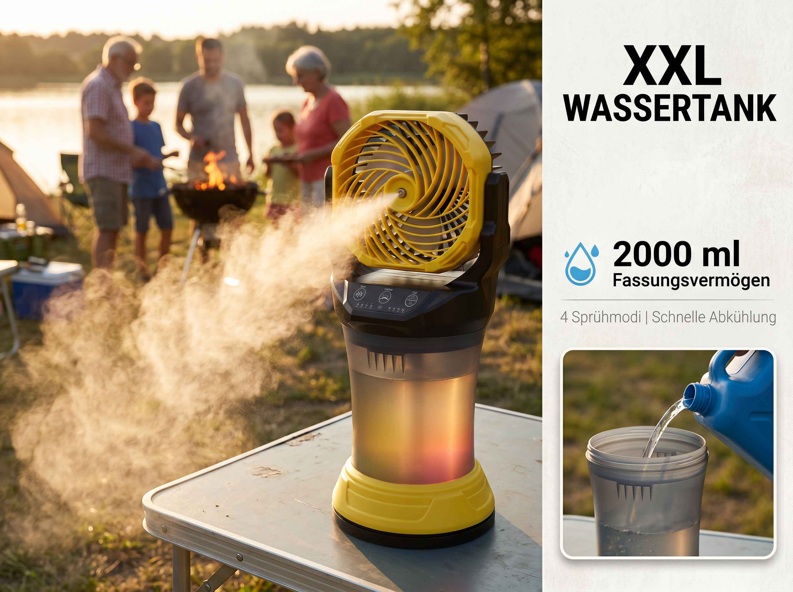 Ein gelber Ventilator sprüht Wasser, im Hintergrund grillt eine Familie am See.