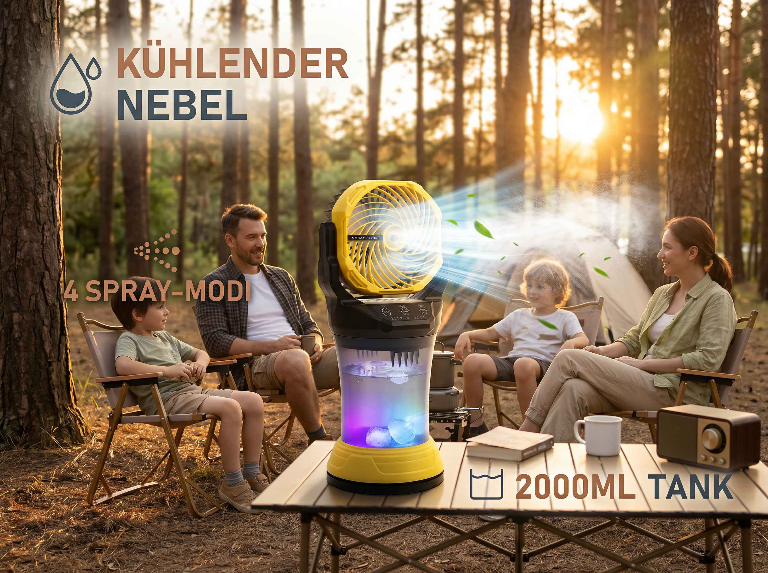 Familie campt im Wald, ein Kühlventilator mit Nebel und LED-Lichtern steht auf einem Tisch.