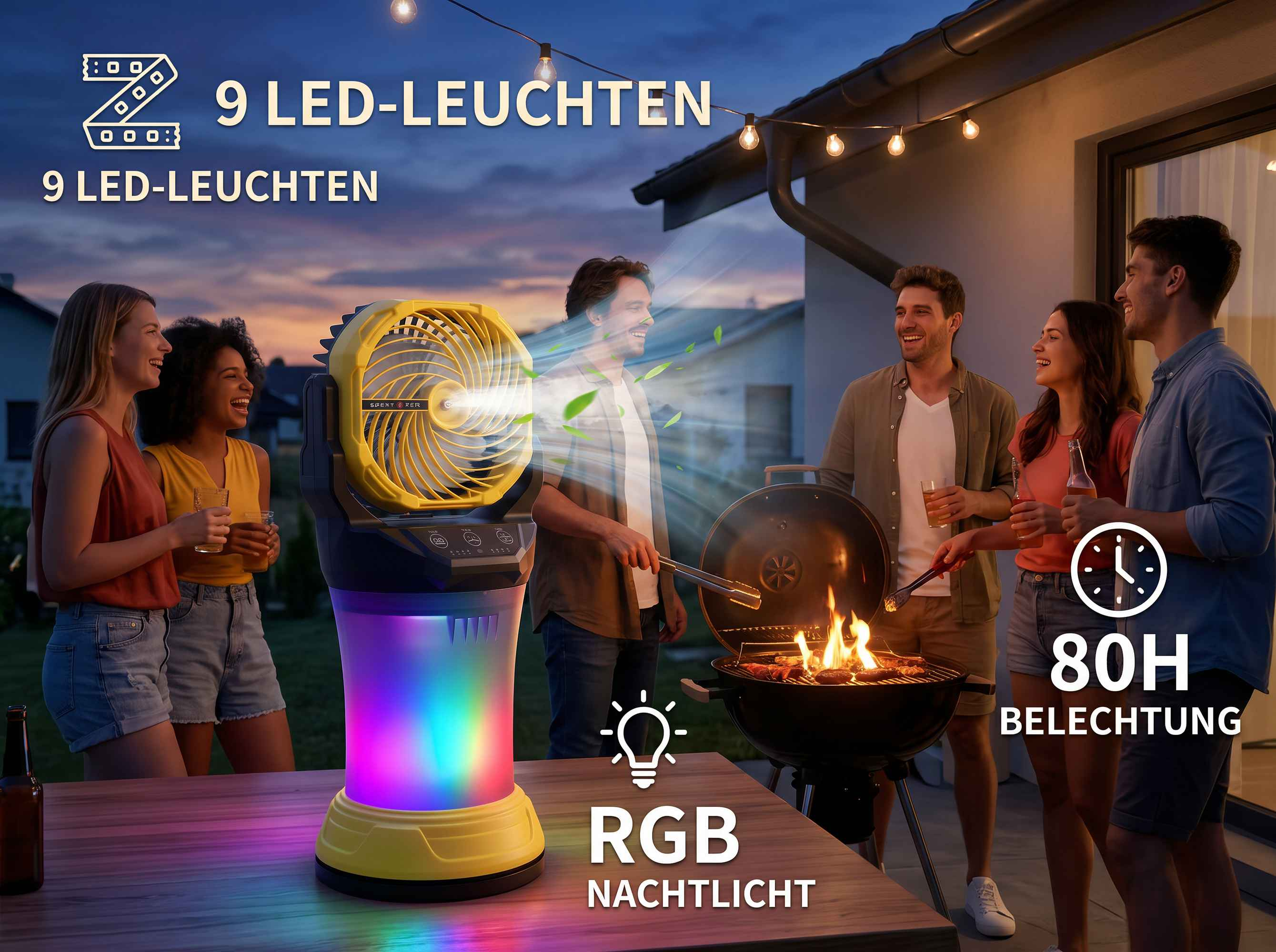 Freunde grillen bei Nacht, beleuchtet von einem bunten Ventilator mit 9 LEDs.