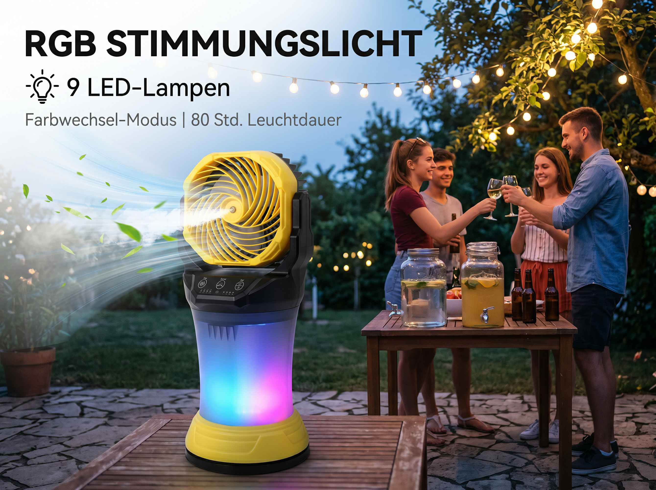 Ein gelber Ventilator mit RGB-Licht steht im Freien mit Menschen, die anstoßen.