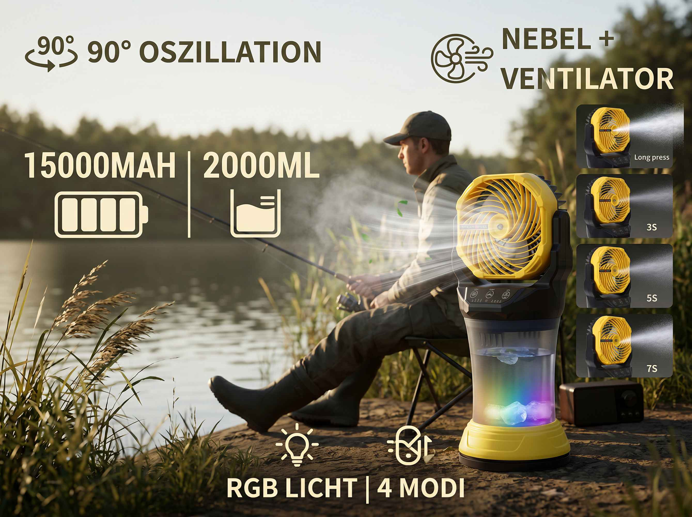 Ein Mann angelt am Seeufer mit einem Nebellüfter, der 90° oszilliert.