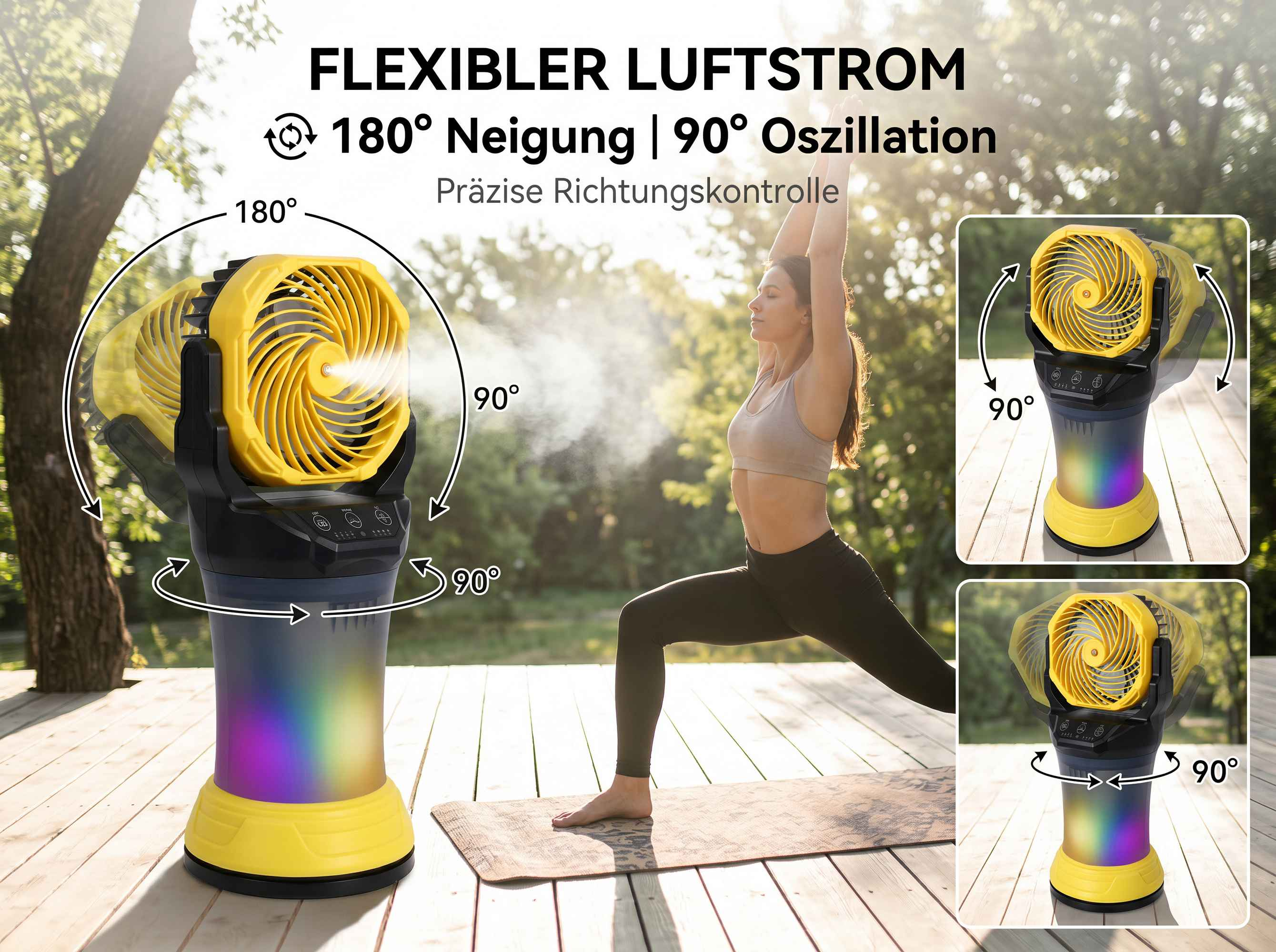 Gelber Ventilator mit buntem Licht, 180° Neigung und 90° Oszillation.