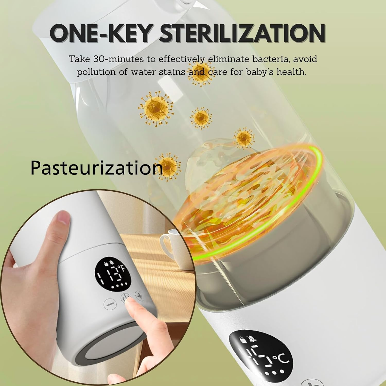 Ein weißer Sterilisator mit digitaler Anzeige und Bakteriensymbolen.