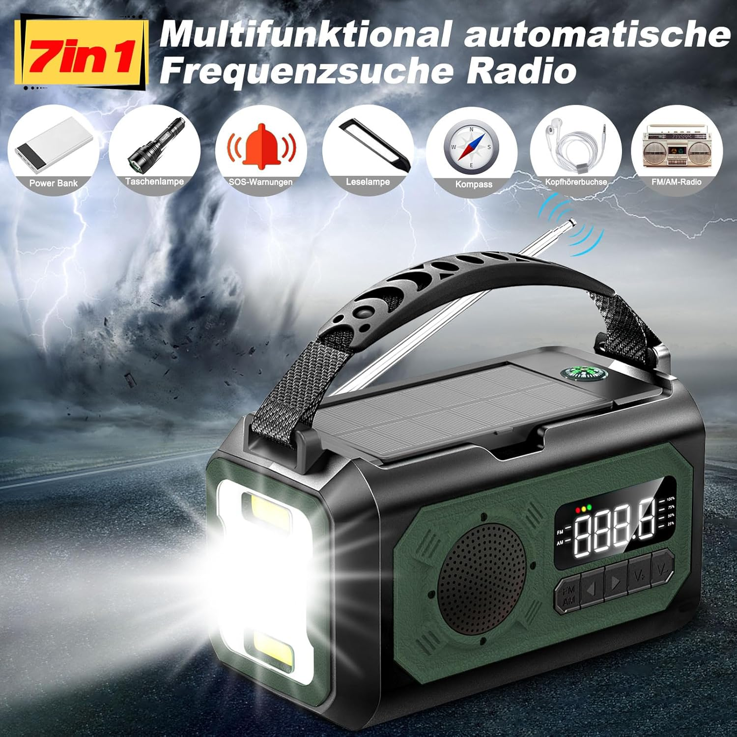 Grünes Multifunktionsradio mit Solarpanel, Taschenlampe, Kompass und Display.