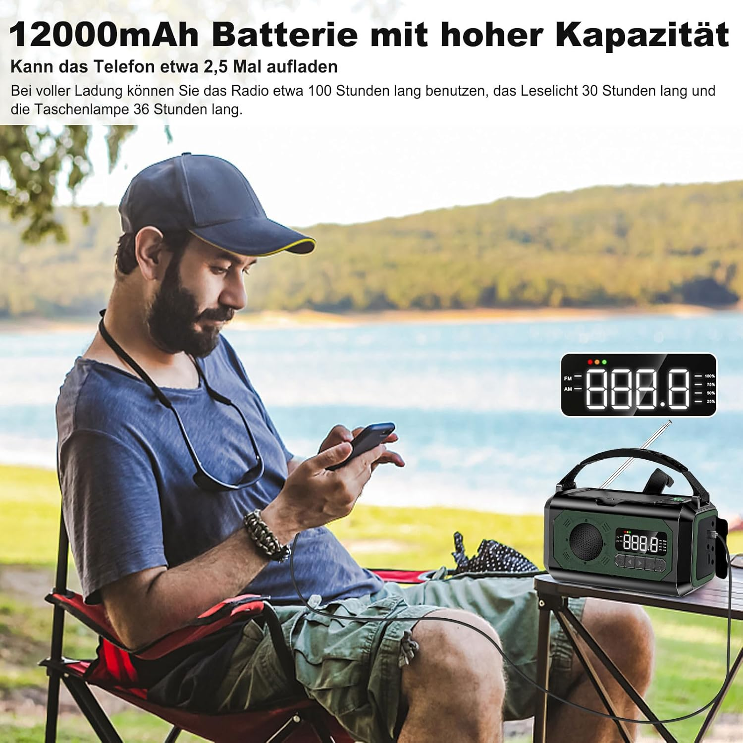 Mann sitzt draußen, benutzt Handy, daneben ein Radio mit Display und Antenne.