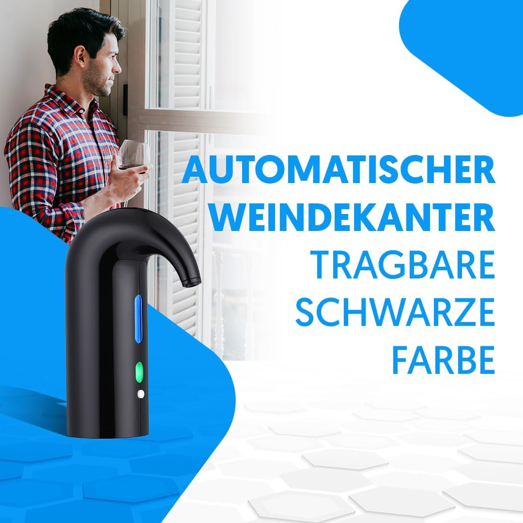 Schwarzer automatischer Weindekanter mit blauem und grünem Licht. Mann hält Glas.