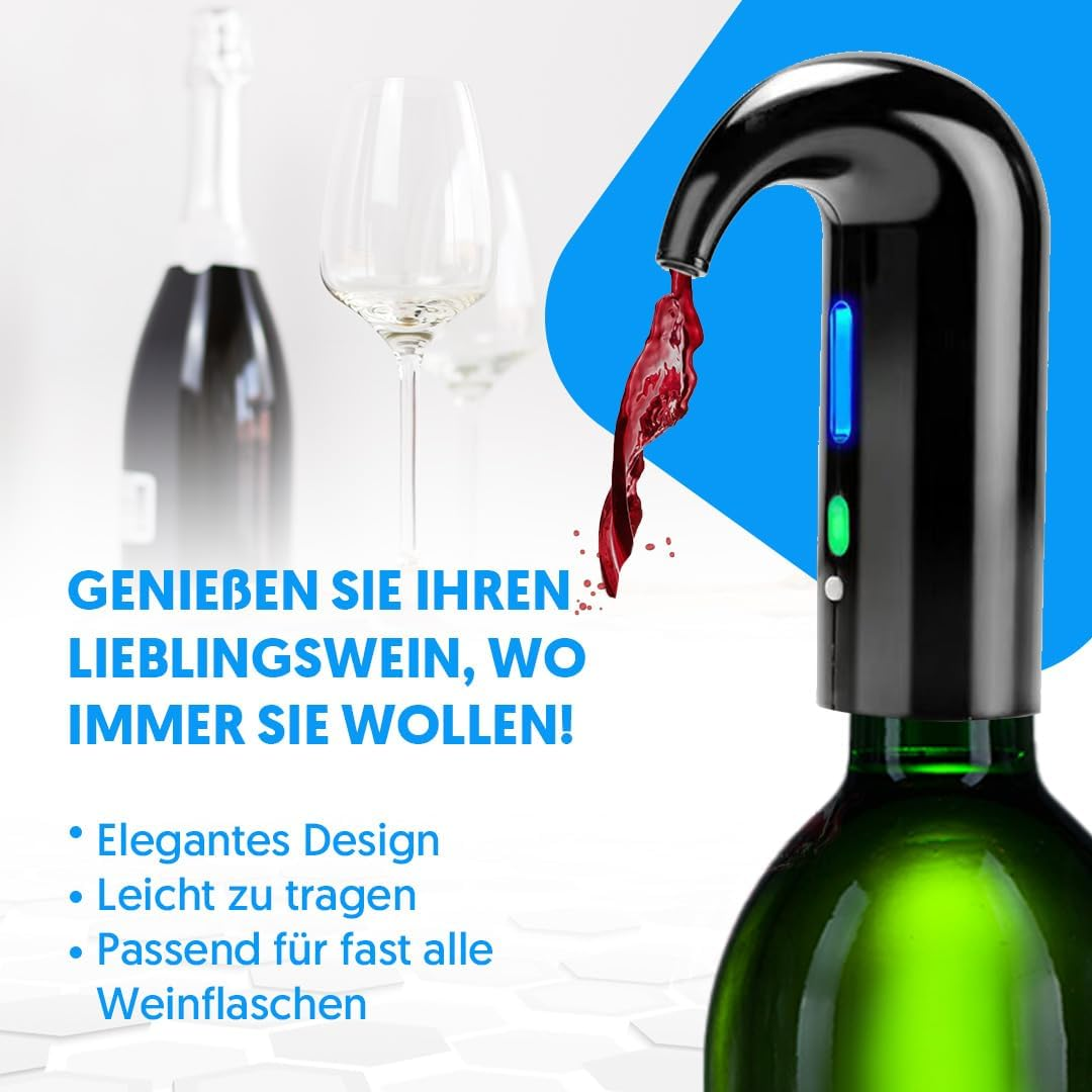 Weinspender mit Flasche und Gläsern. Text: Genießen Sie Ihren Lieblingswein.