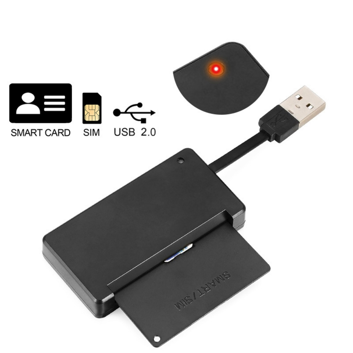 Ein schwarzer SIM-Kartenleser mit USB 2.0-Anschluss und einer eingelegten SIM-Karte.