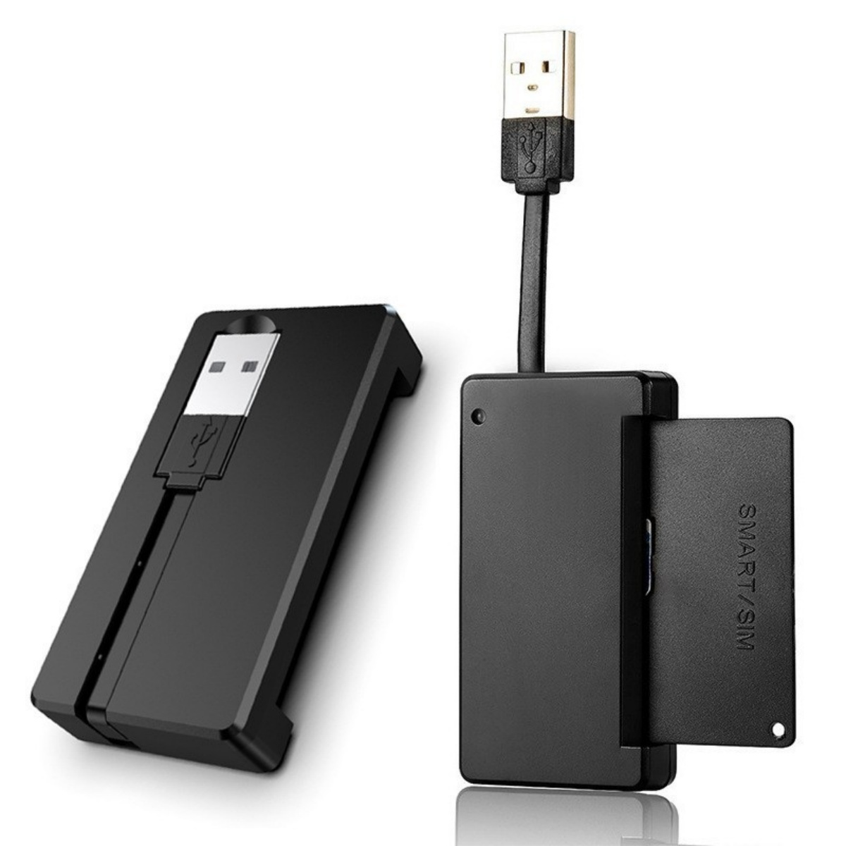 Zwei schwarze USB-Geräte, eines mit Kabel und ein anderes mit einer SIM-Karte.