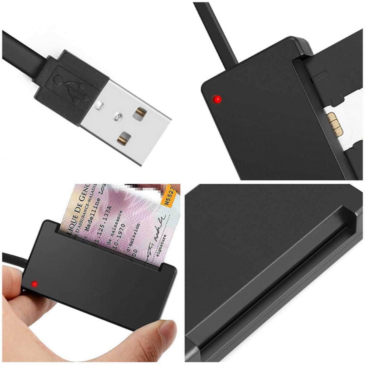 Schwarzlesegerät mit USB-Anschluss, SIM-Karte und Ausweis.