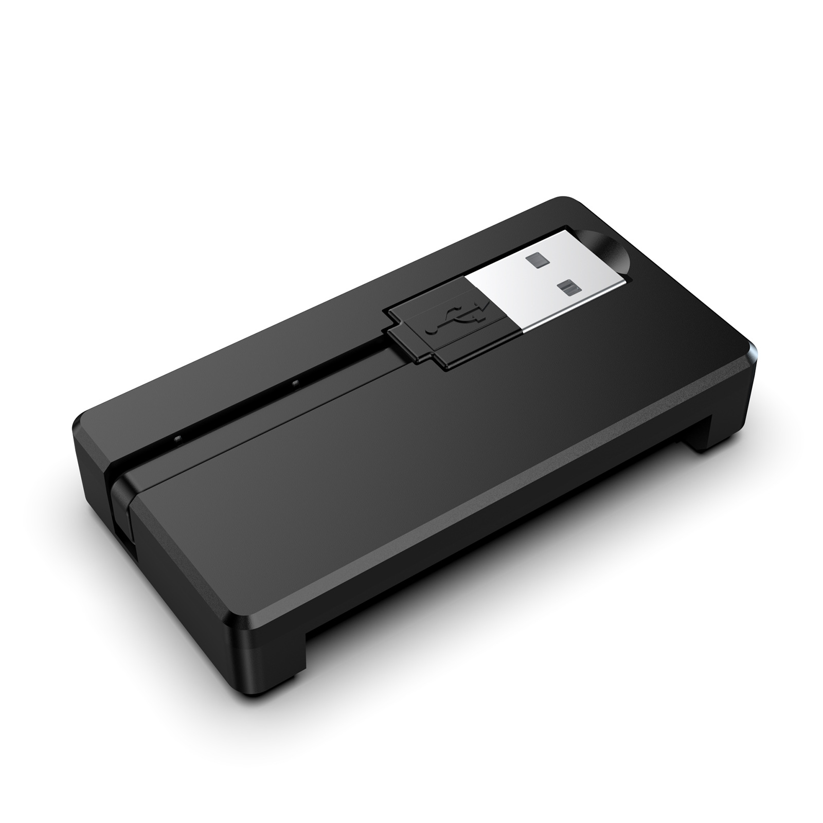 Ein schwarzes USB-Gerät mit einem ausziehbaren USB-Stecker.