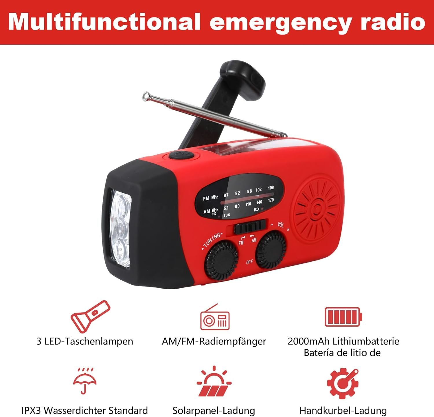 Rotes Multifunktions-Notfallradio mit Taschenlampe, Antenne und Bedienelementen.