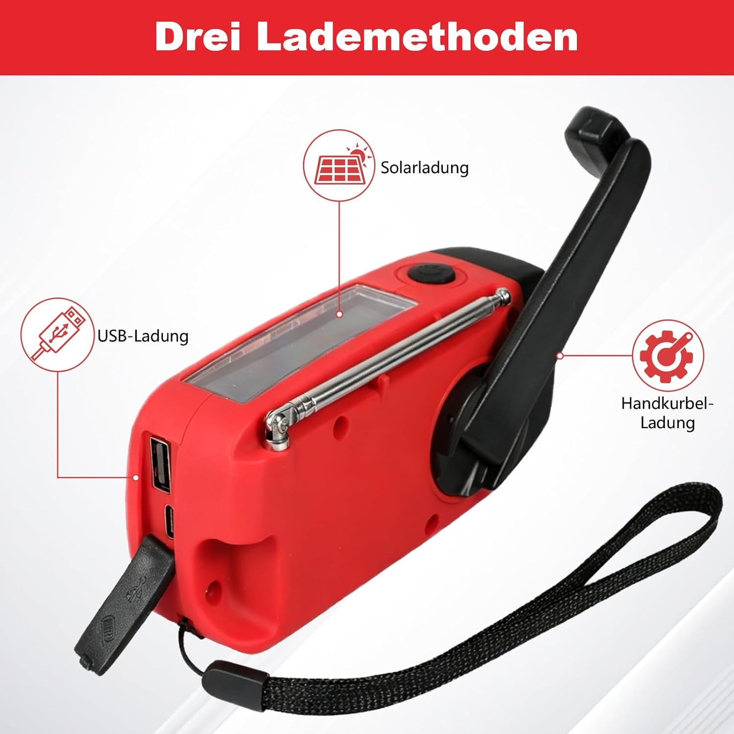 Rotes Notfallradio mit Kurbel, Solar- und USB-Ladung.