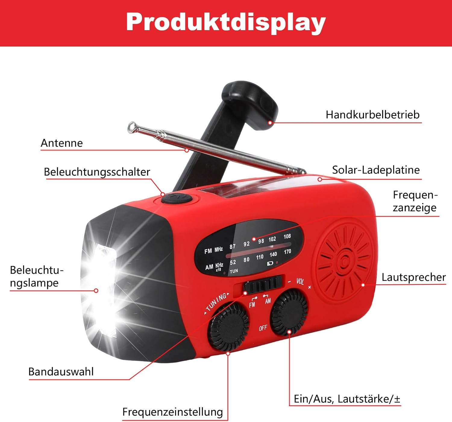 Rotes Notfallradio mit Handkurbel, Solarpanel, Antenne, Licht und Lautsprecher.