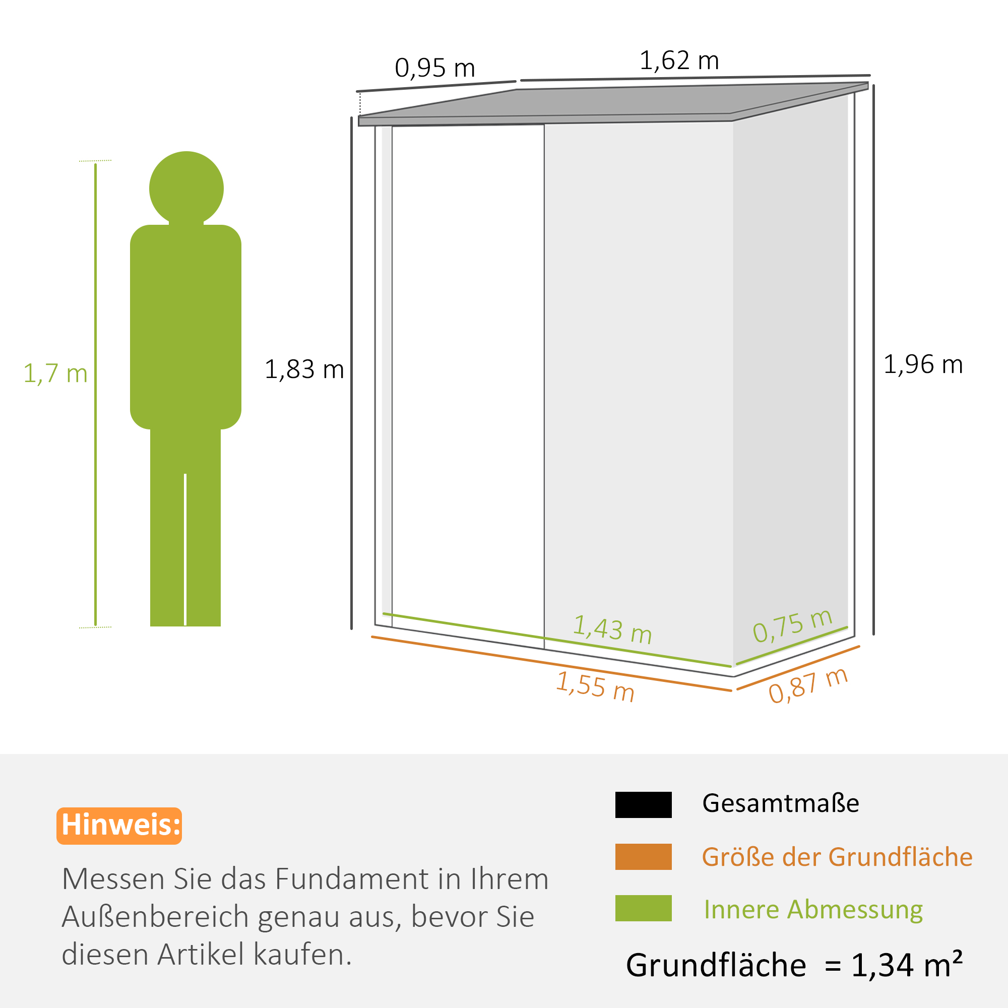 Diagramm mit Maßen einer Struktur und einer Person. Hinweis zu Messungen.