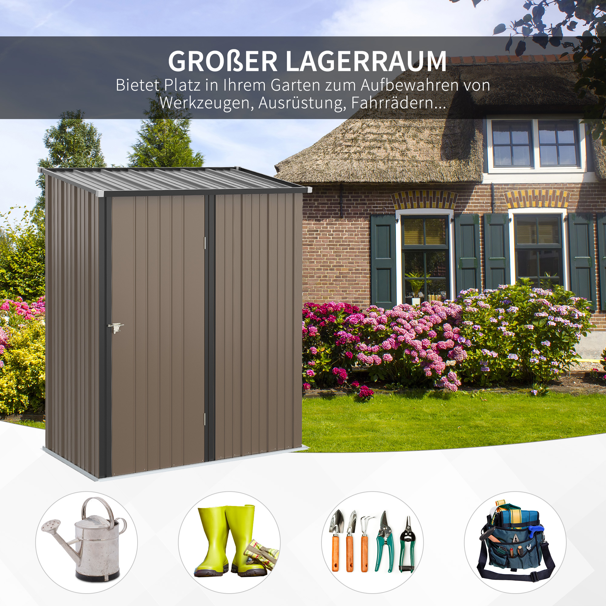 Ein brauner Gartenschuppen steht vor einem Haus mit blühenden Hortensien.